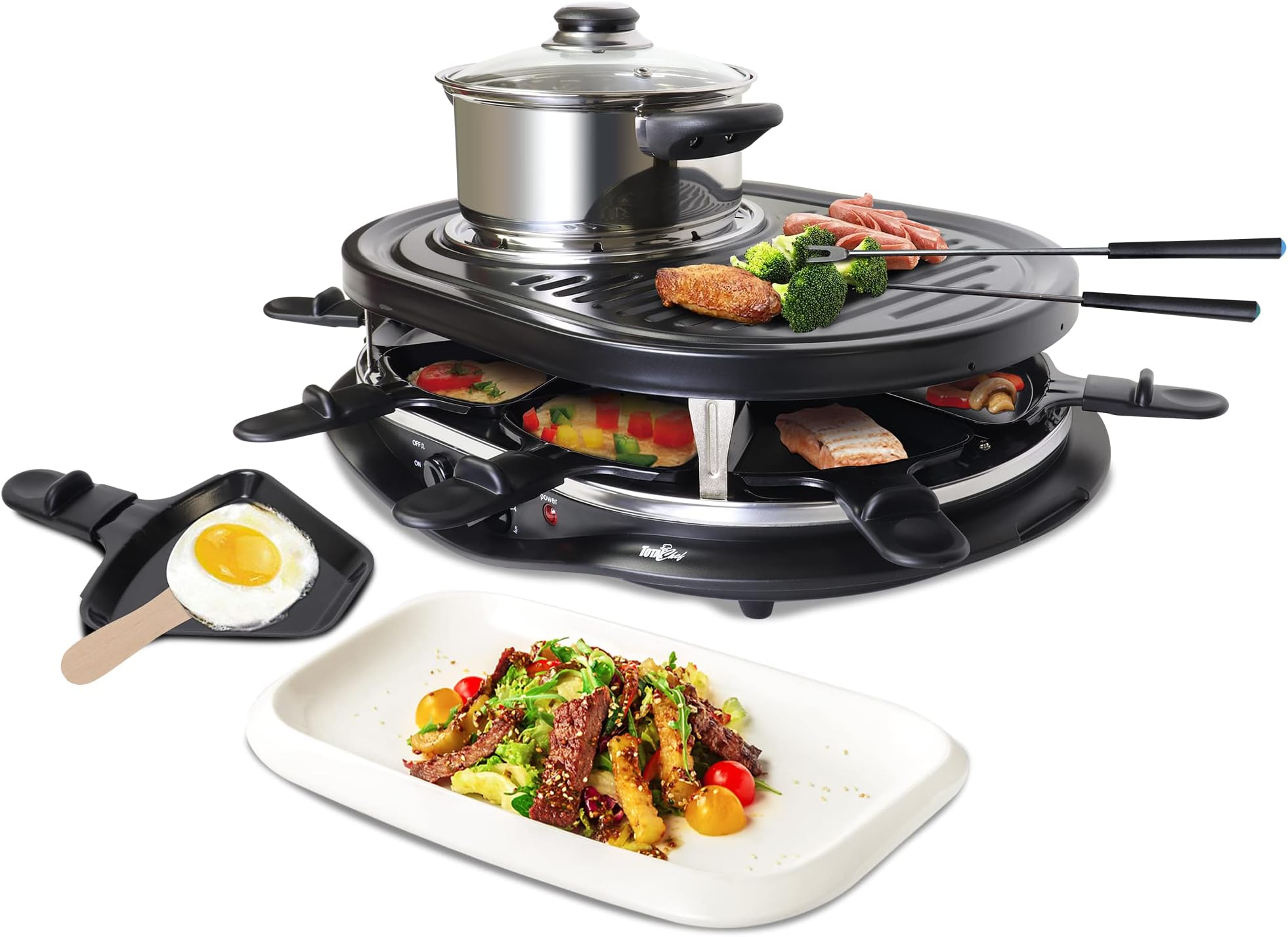 Total Chef 8 Person Raclette and Cheese Fondue Set with Granite Stone, Non-Stick Electric Indoor Grill, Tabletop Cooking, Accessories Included, Ideal for Holidays and Family Dinners, Black