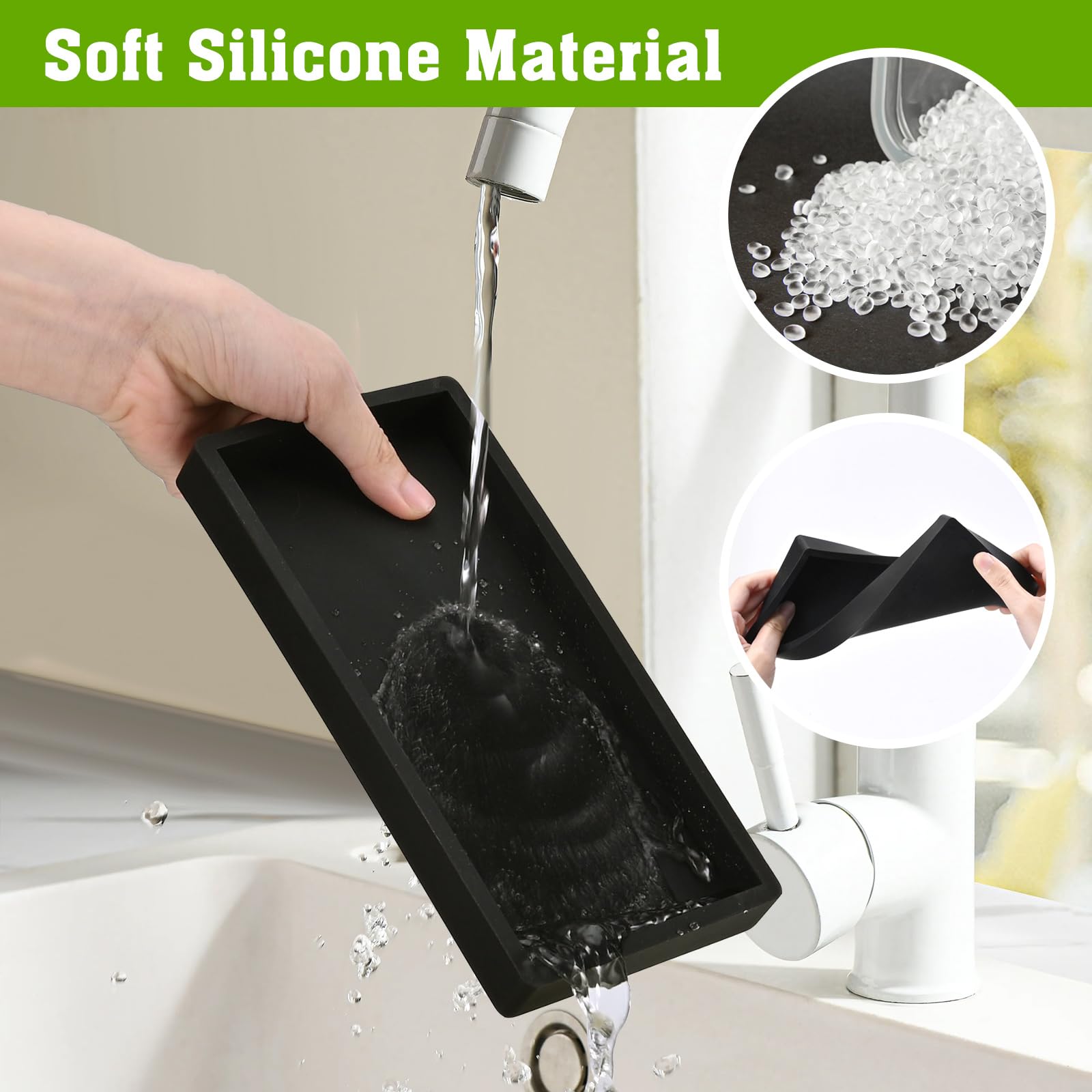 2 Vassoi Da Bagno In Silicone Nero - 20x10cm, Portaoggetti Per Cosmetici, Cucina O Bagno - Design Moderno - Foto 3