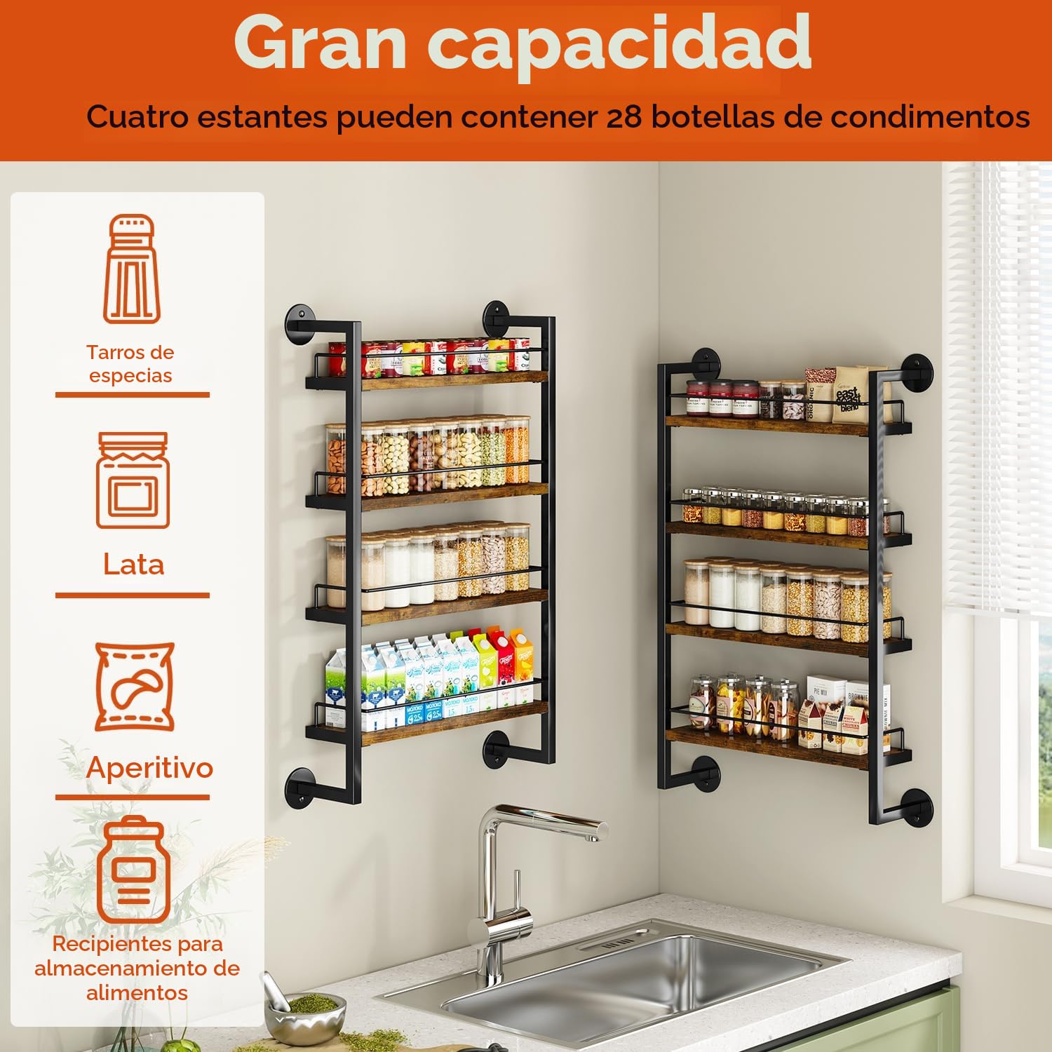 IBUYKE Especiero Pared,4 Estantes Especieros para Cocina Pared,Organizador de Especias para Hasta 50 Tarros,Estante Especias de Madera para Puerta de Armario de Cocina,Baño,Despensa,Marrón TLJ016H