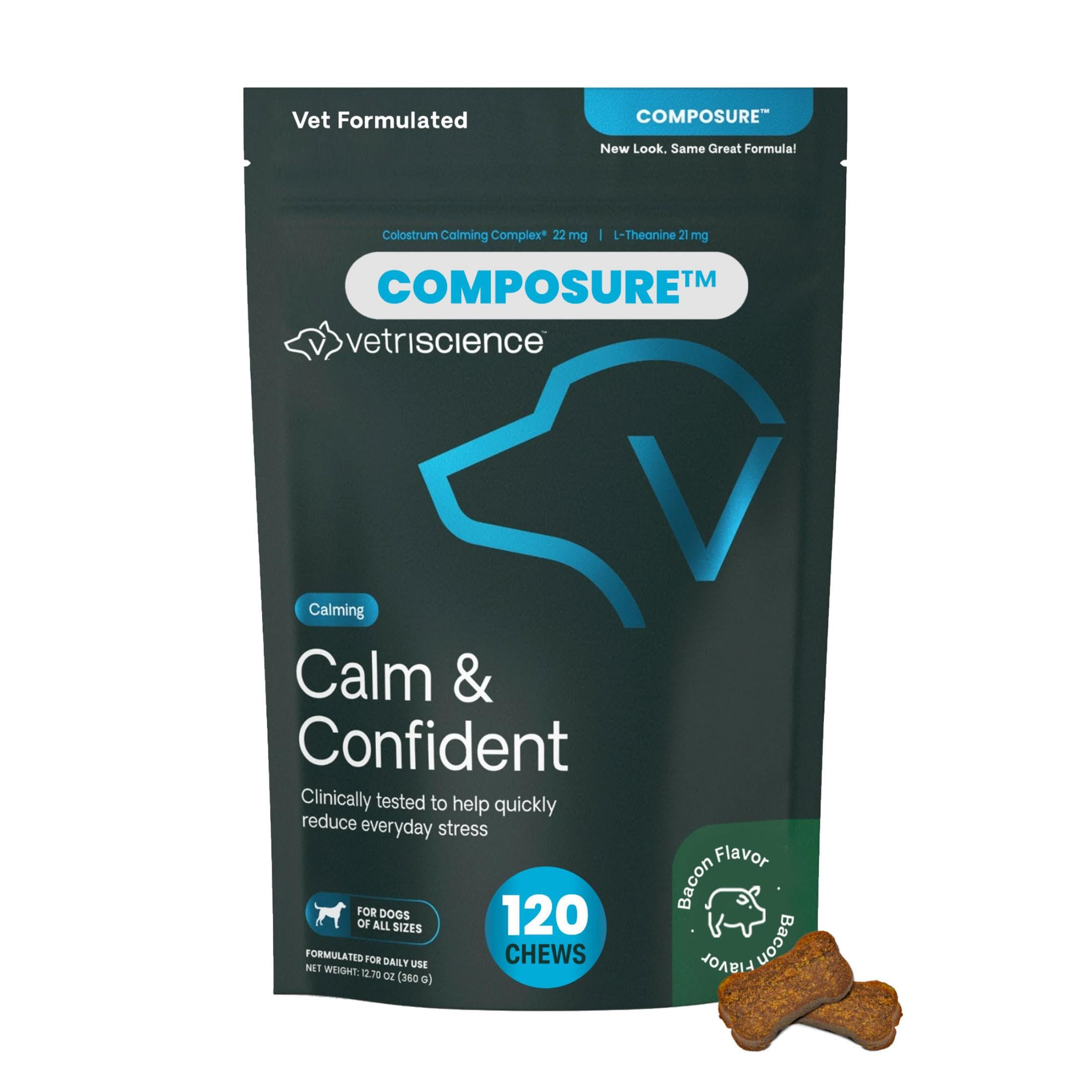 VetriScience Composure Calming Chews for Dogs - Clinically Proven Dog Anxiety Relief Supplement with Colostrum, L-Theanine & Vitamin B1 for Stress, Storms, Separation & More - 120 Count, Bacon Flavor