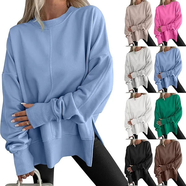 Womens Crewneck Sweatshirt Fall Winter Oversized Casual Fleece Pullover Side Slit Long Sleeve Shirts with Thumb Hole Womens Sweatshirt No Hood Women's Hoodies Pullover Women's Hoodie Winter Sweater