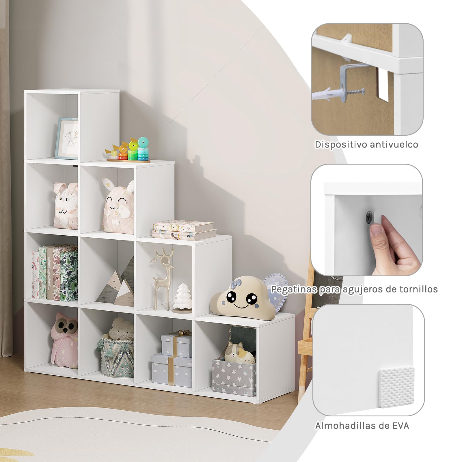 WOLTU Estantería Librería de Pie, Estantería Modular 10 Cubos | Organizador Cubos, Estanteria Escalonada de Biblioteca, Libreria Abierta Oficina, Salon y Estudio, 120x30x120 cm, Blanco