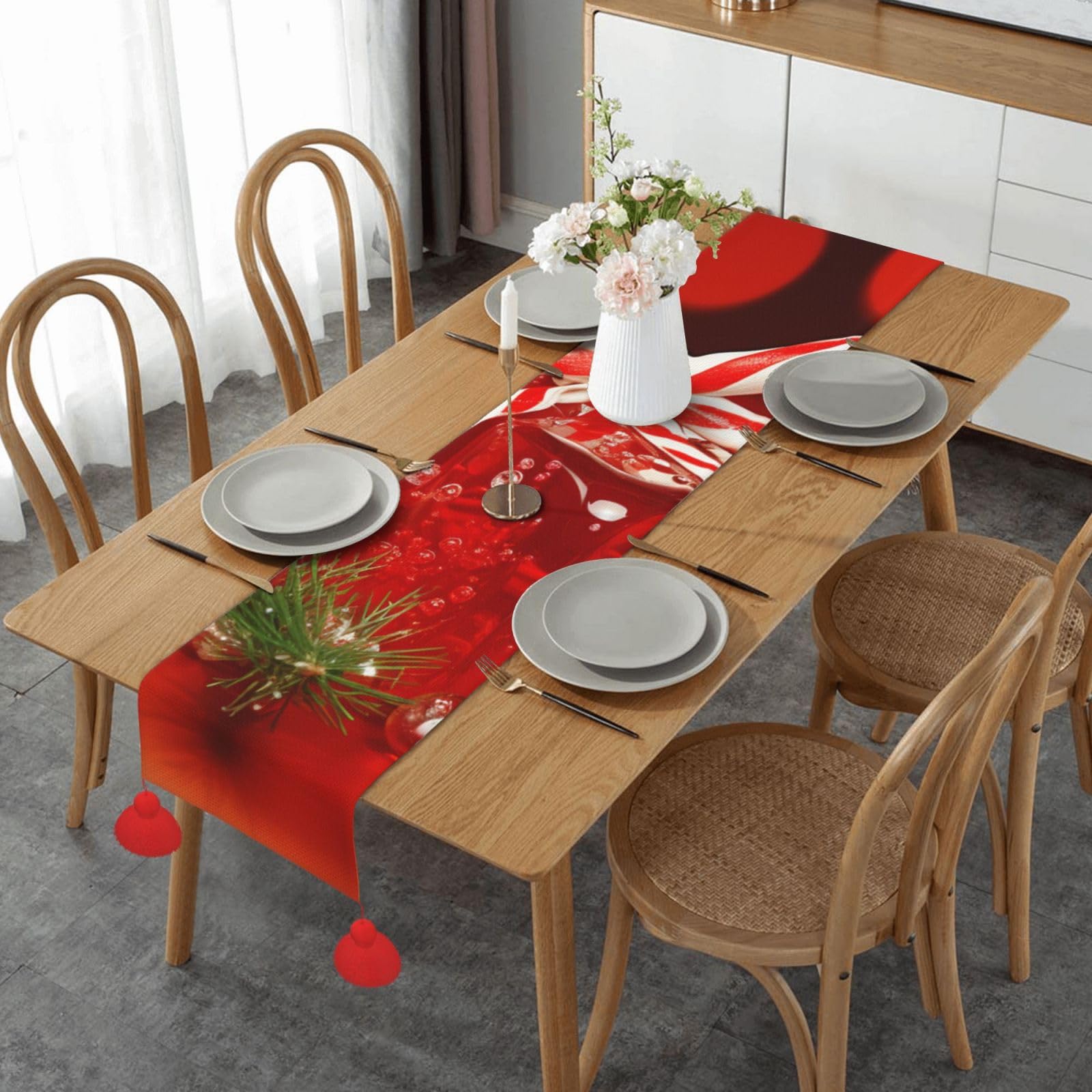 Chemin de table rustique rouge anti-pli avec pompons pour Noël