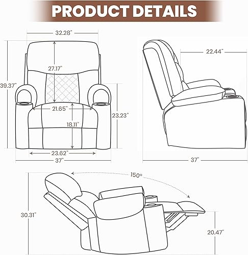 Miniatura 2 de Sillón reclinable de cuero con soporte para tazas, silla reclinable manual para sala de estar, asiento moderno de cine en casa con asiento acolchado