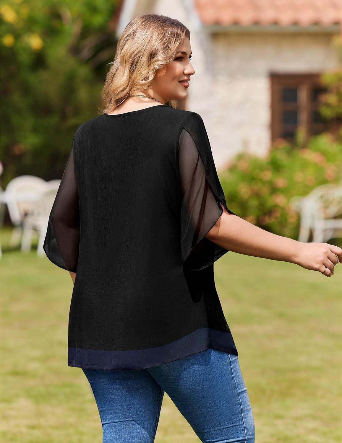 IN'VOLAND Plus Size 3/4 Sleeve Women Blouses Dressy Casual Double Layers Mesh Blouses Loose Fit Flowy Shirts - Image 5