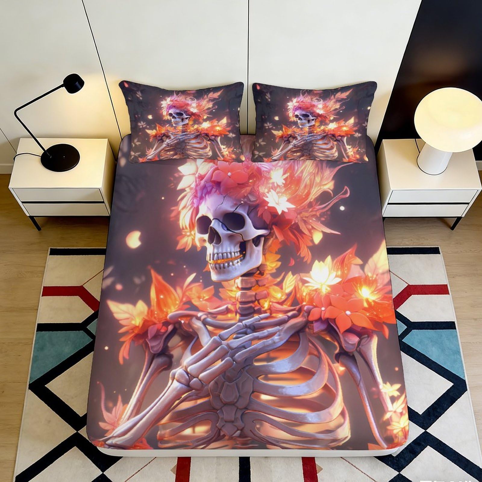 3D Printed Skeleton Floral Fitted Sheet Microfiber Soft Art Mattress Cover for Bedroom Dorm Decor Protection 140x200x25cm