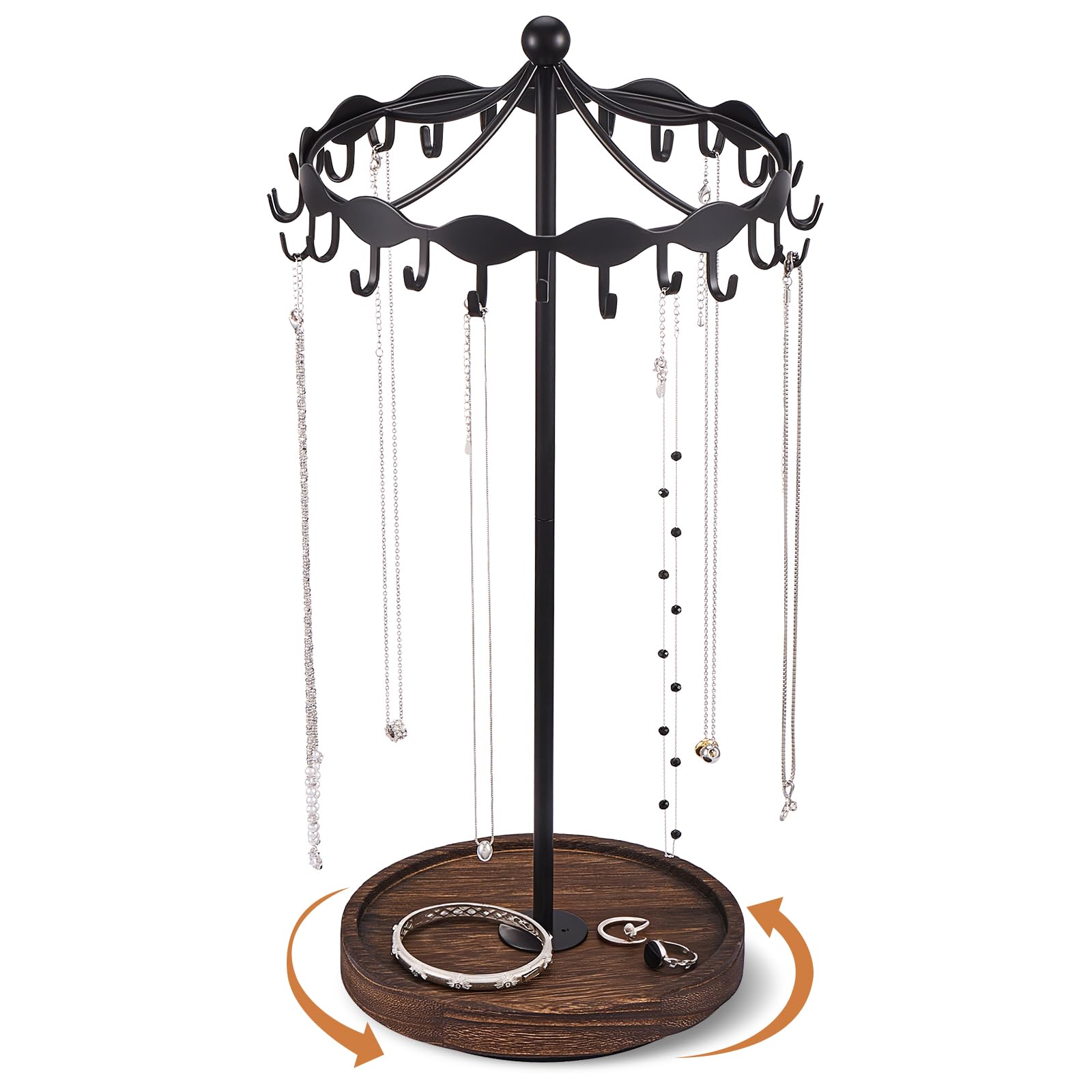 Lolalet Rotating Necklace Holder Stand with Metal Hooks, Spinning Display Carousels, Freestanding Organizer Hanger, for Long Necklaces Chains -Black - Black