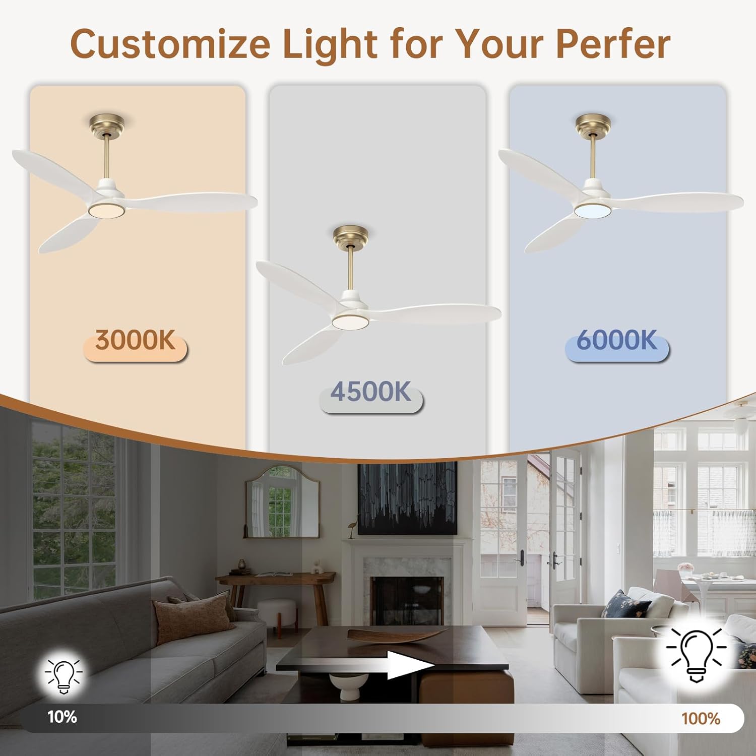 Ovlaim 52 Inch Ceiling Fans with Lights and Remote, Quiet DC Motor 3 Blade Indoor High CFM White Gold Modern Ceiling Fan for Bedroom Living Room
