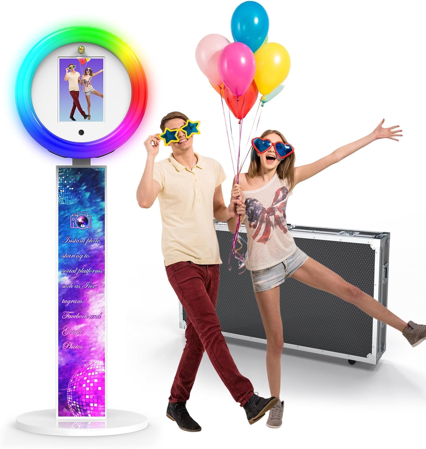 Portable Photo Booth with 22 Inch RGB Ring Light, Supports External Printer Connection, HD Portrait Selfie, Beauty Filters & Face Detection for Wedding Birthday Party Events Rental(Flight Case+White)