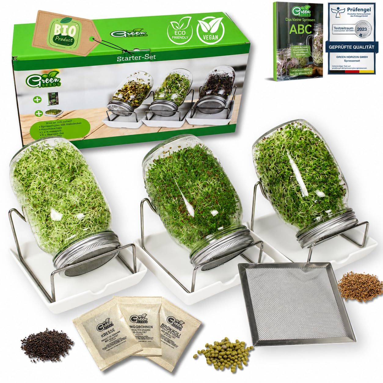 Green SEEDS Bocal à germes 3 Set de 1000ml avec Couvercle à Grille en Acier Inoxydable de Haute qualité, Support, Bol en céramique + ABC des germes Gratuit [E-Book]