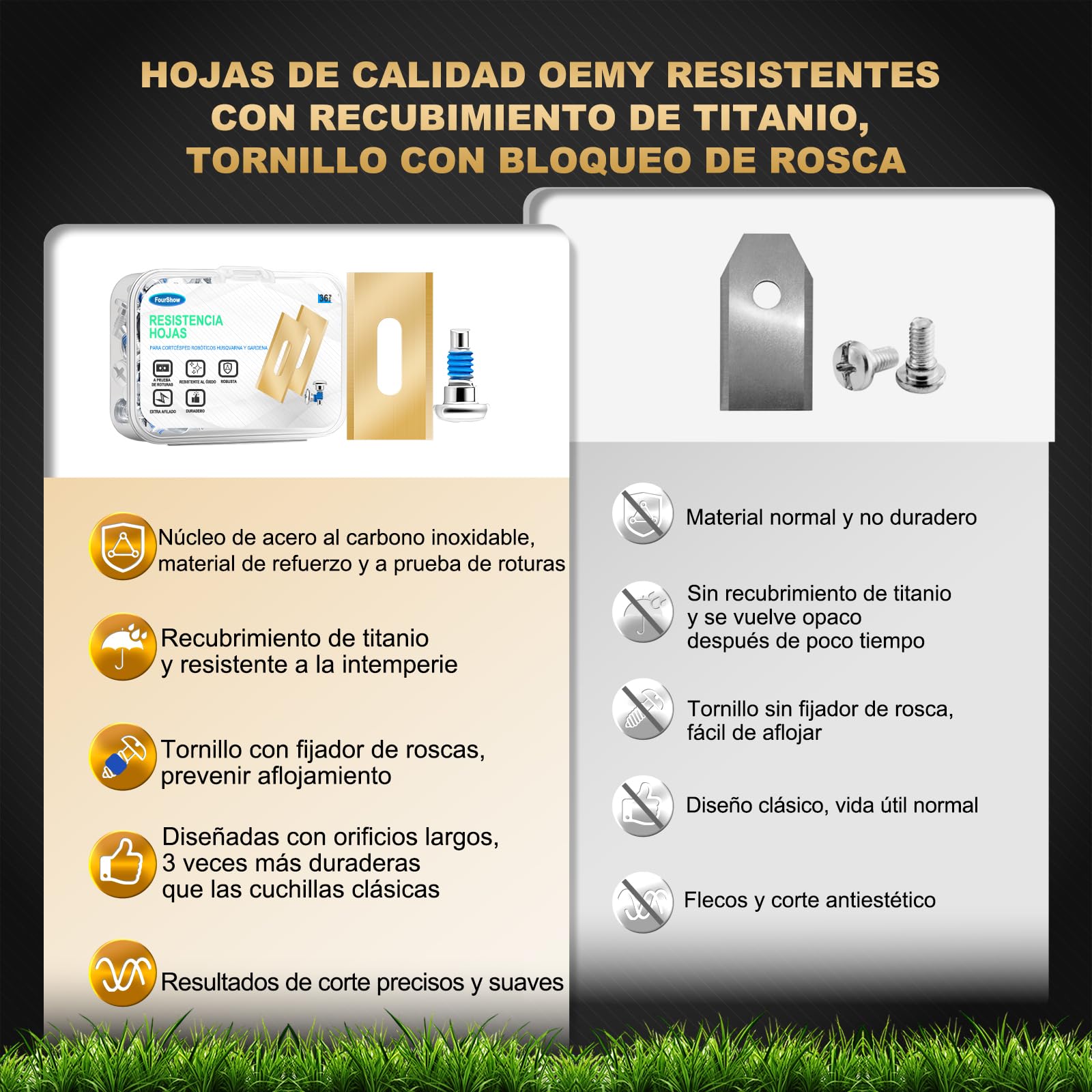 FourShow 36 Cuchillas Endurance Compatibles con Todos los Robots Cortacésped Husqvarna, Cuchillas de Reposición de Titanio Duraderas, Incluyendo Tornillos con Recubrimiento de Seguridad
