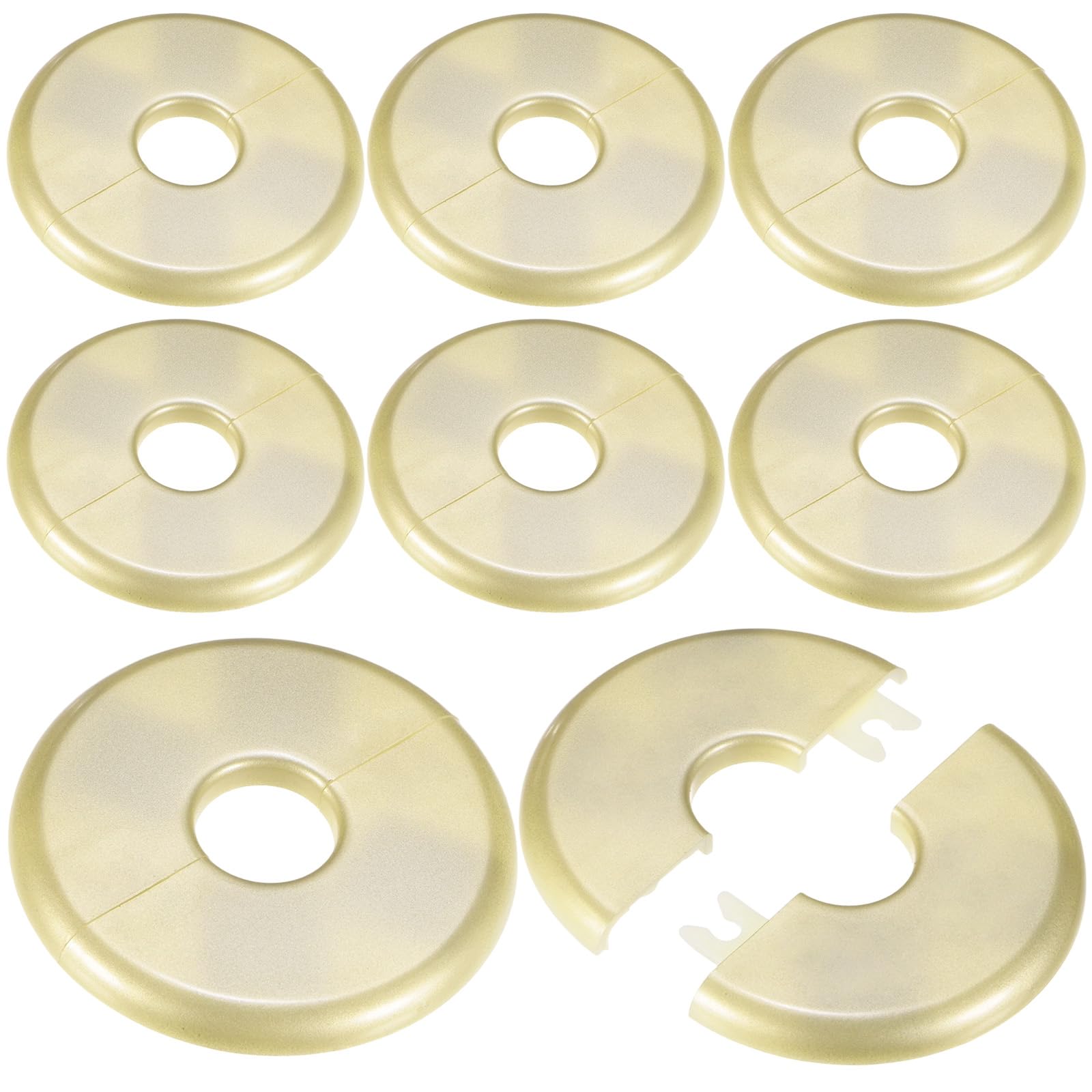 M METERXITY 8-Pack Wall Split Flange, 22mm[0.87"] ID ABS Round Self-Adhesive Escutcheon Plate Cover Buckle for Pipe Accessories/Floor/Ceiling, Plumbing Cover Plates [Gold, 80mm 3.15" OD]