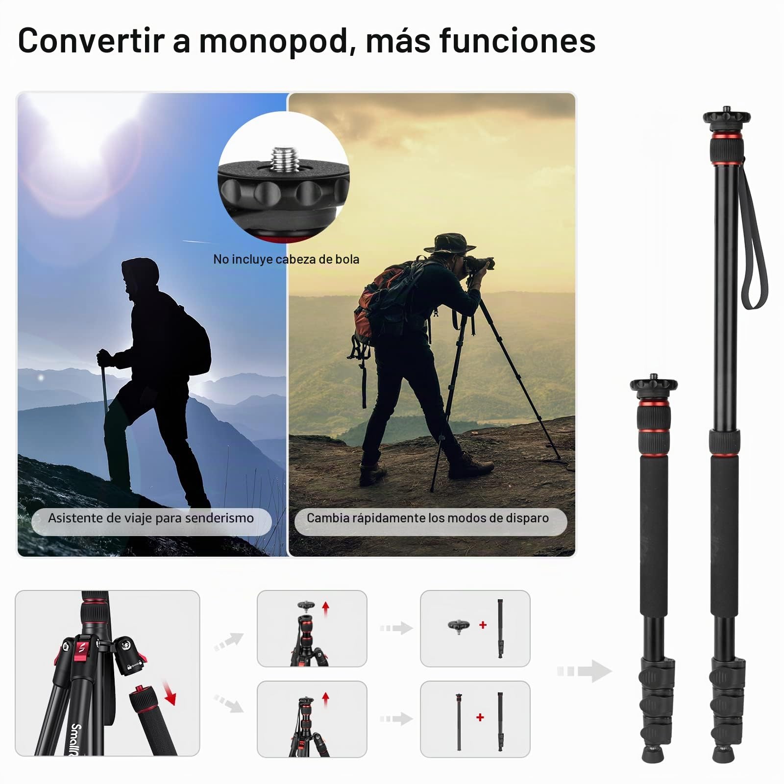 SMALLRIG Trípode para Cámara de 68", Trípode y Monopié de Aluminio Plegable, Compatible con Cabezal de Video de 1/4"-20 y 3/8"-16, Carga de 33 LB, Altura Ajustable de 19.7" a 67.7" - 3983