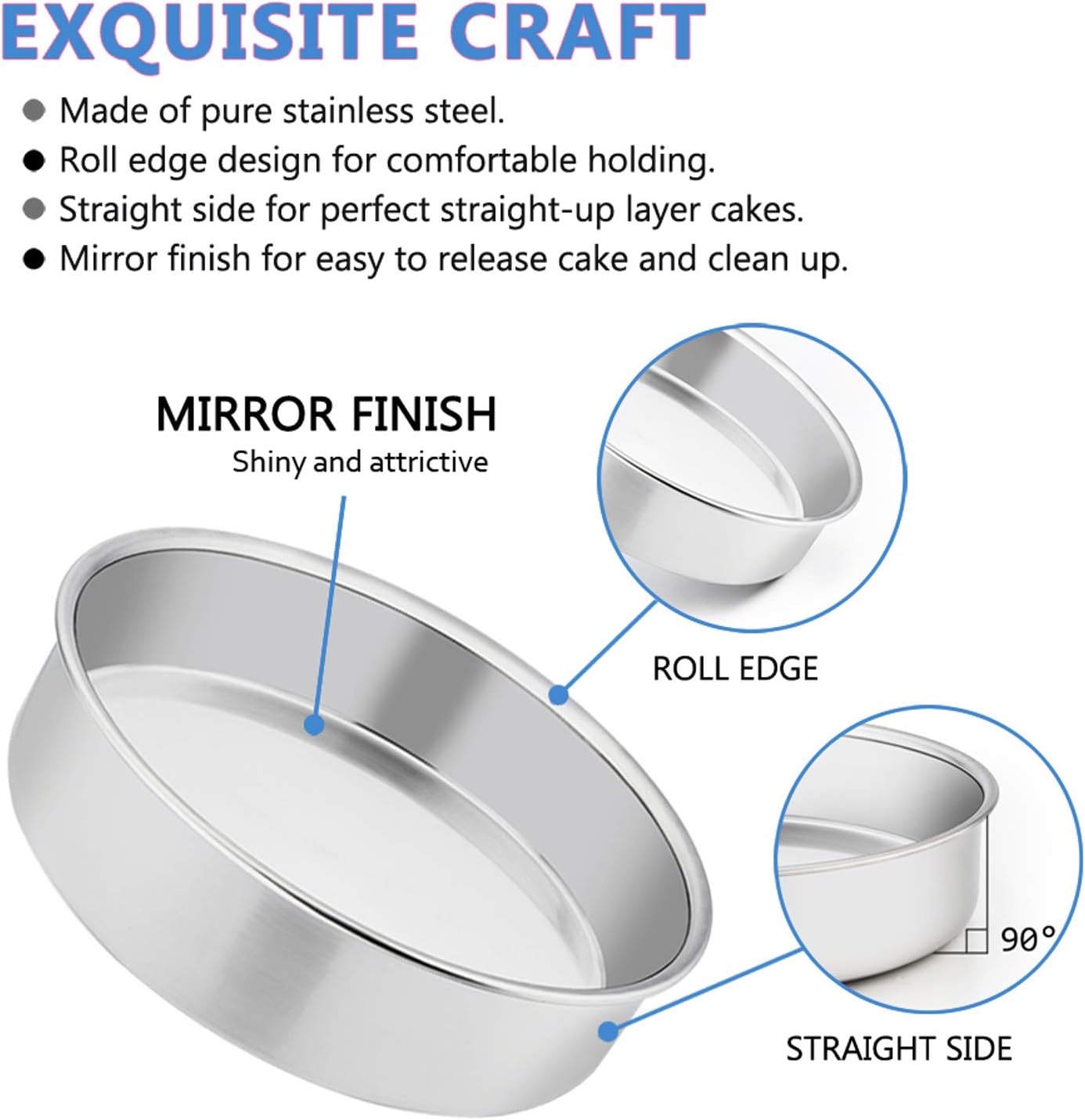 E-far 8 Inch Cake Pan Set of 4, Stainless Steel Round Layer Cake Baking Pans, Non-Toxic & Healthy, Mirror Finish & Dishwasher Safe - Image 3