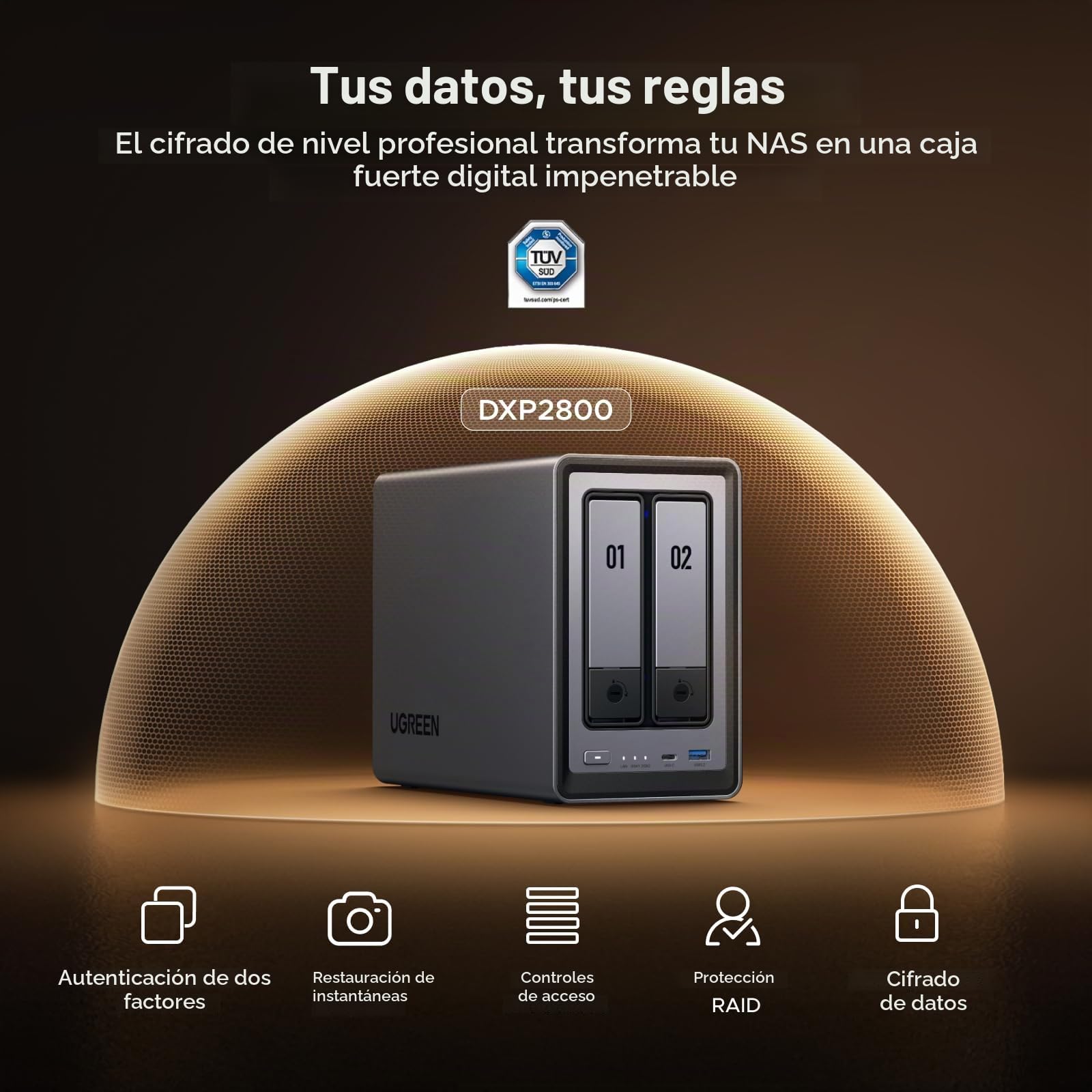 UGREEN NASync DXP2800 NAS 2 Bahías + UPS 120W 12000mAh, CPU Intel N100 de Cuatro núcleos, 8 GB de RAM DDR5, 2,5 GbE, 2 Ranuras M.2 NVMe, HDMI 4K, Almacenamiento Conectado a Red (sin Disco)