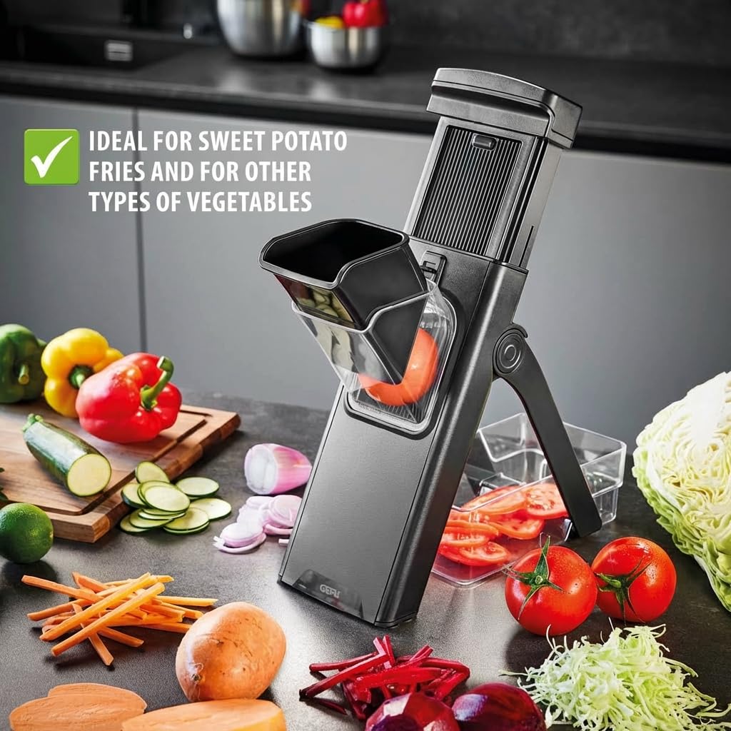 GEFU Affettatrice per patate dolci e verdure per fette e strisce di julienne, con contenitore, regolazione della lama, antiscivolo, in acciaio inox