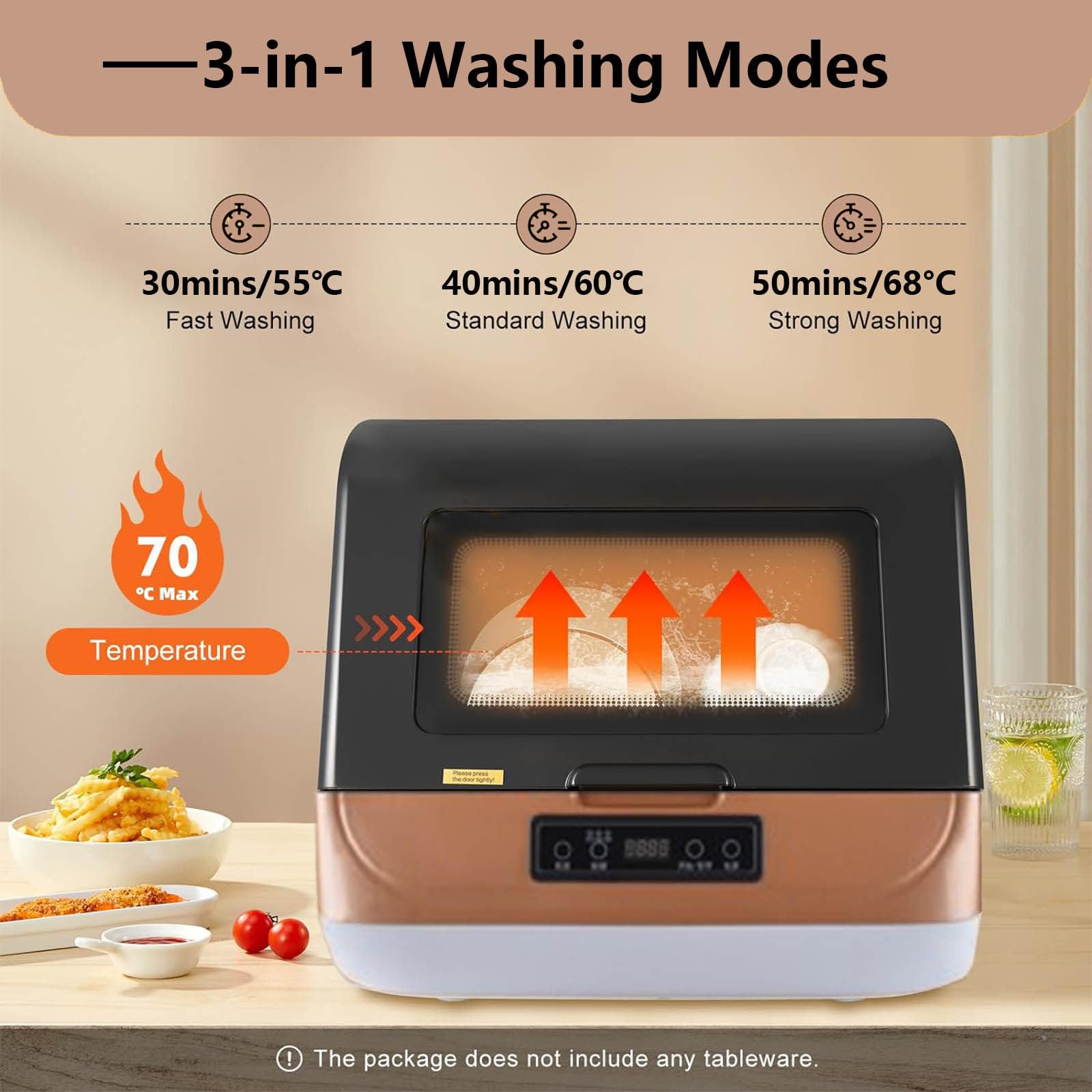 Lavavajillas portátil de encimera de 800 W, lavavajillas Compacto, lavavajillas automático con 3 programas de Lavado + Secado y desinfección, para apartamento/Oficina/Cocina,Gold