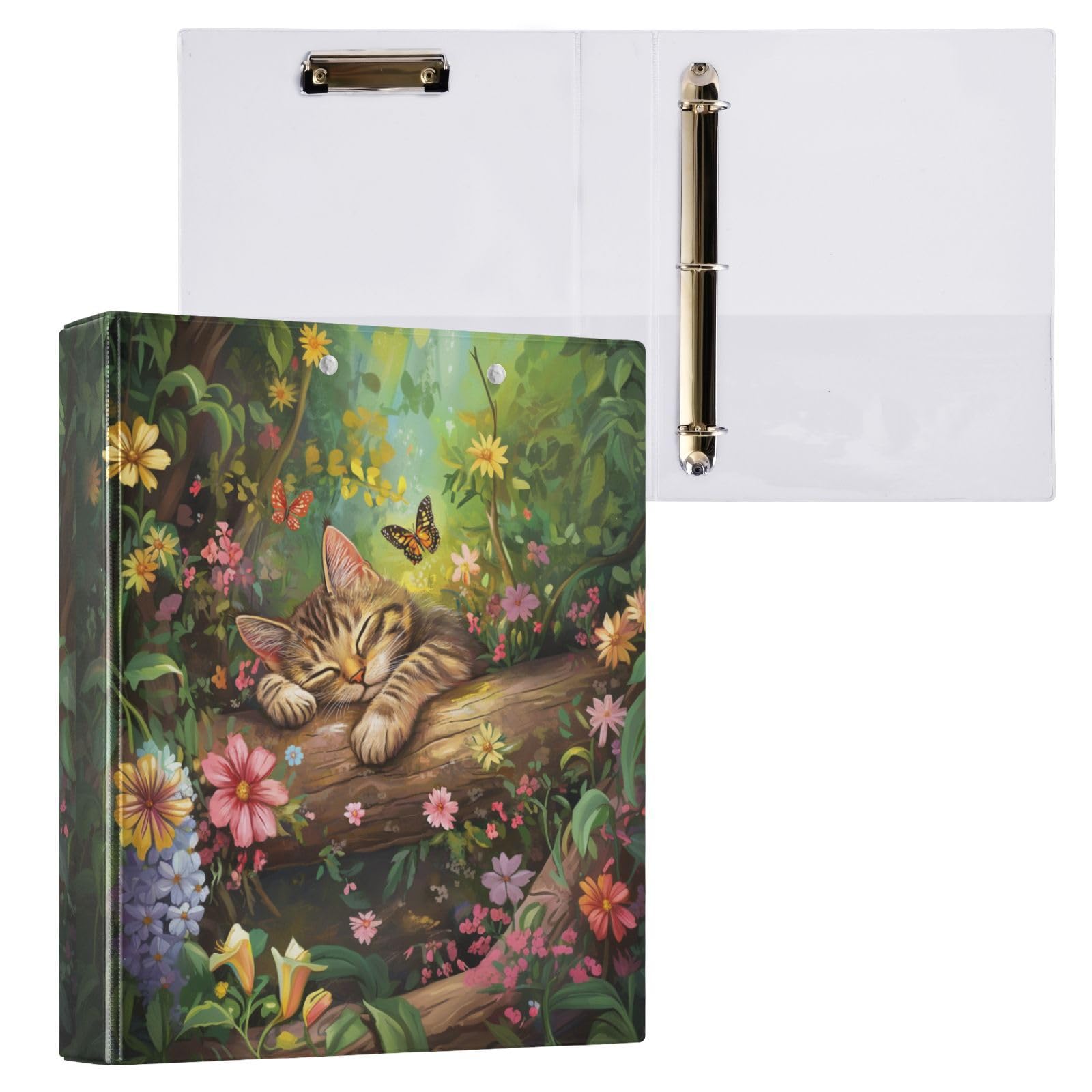 Sleeping Cat in Forest Butterfly Floral 3 Ring Binder 1.5" Decorative D-Ring Binder with Clipboard&3 Clear Pockets, Holds 200 Sheets A4 Size Paper