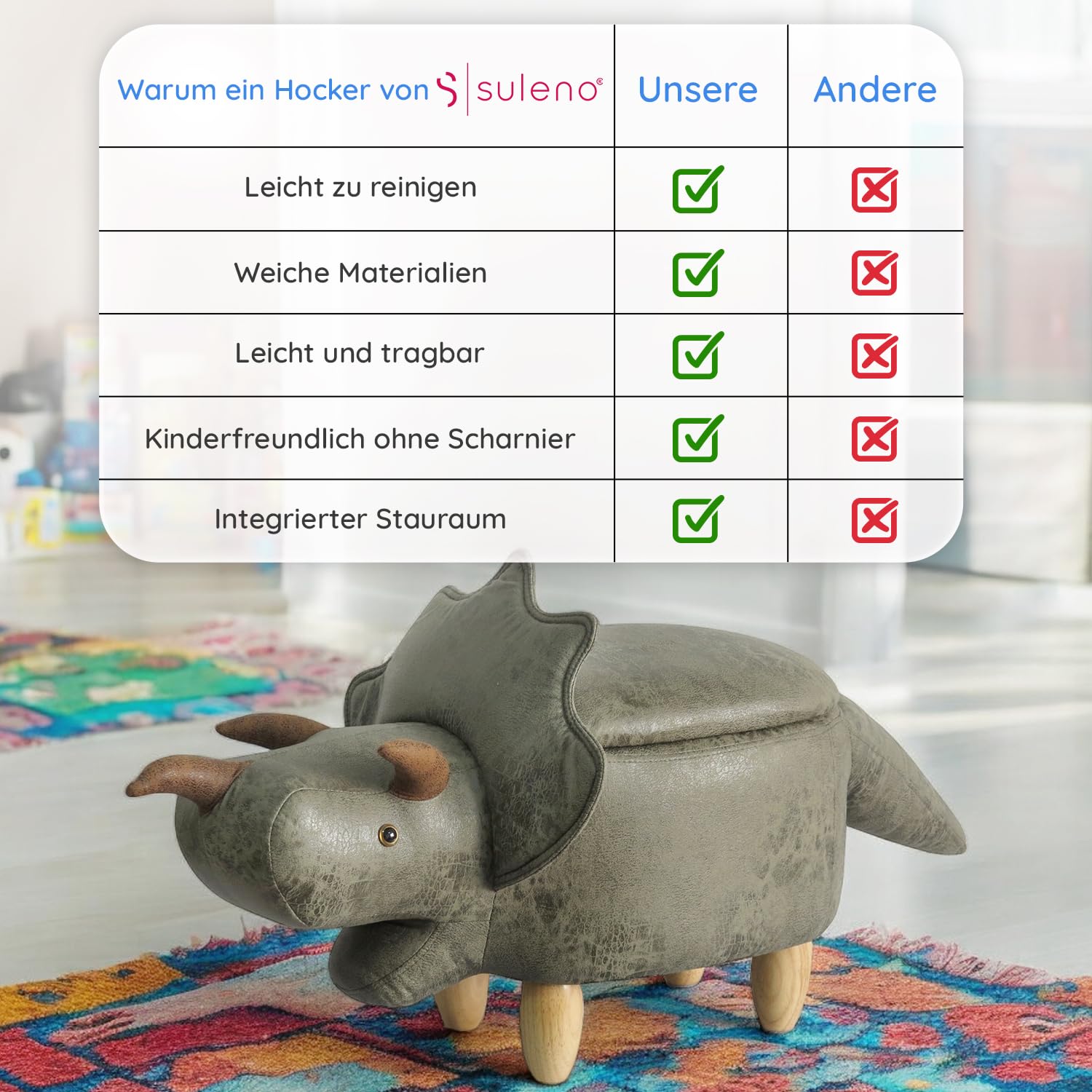 Suleno Dino Tierhocker mit Stauraum, Niedlicher Organizer & Sitzbox, 50 cm | für Kinder, weicher Bezug in Lederoptik, Holzbeine, dekorative Möbel für Kinderzimmer 93x 33 x