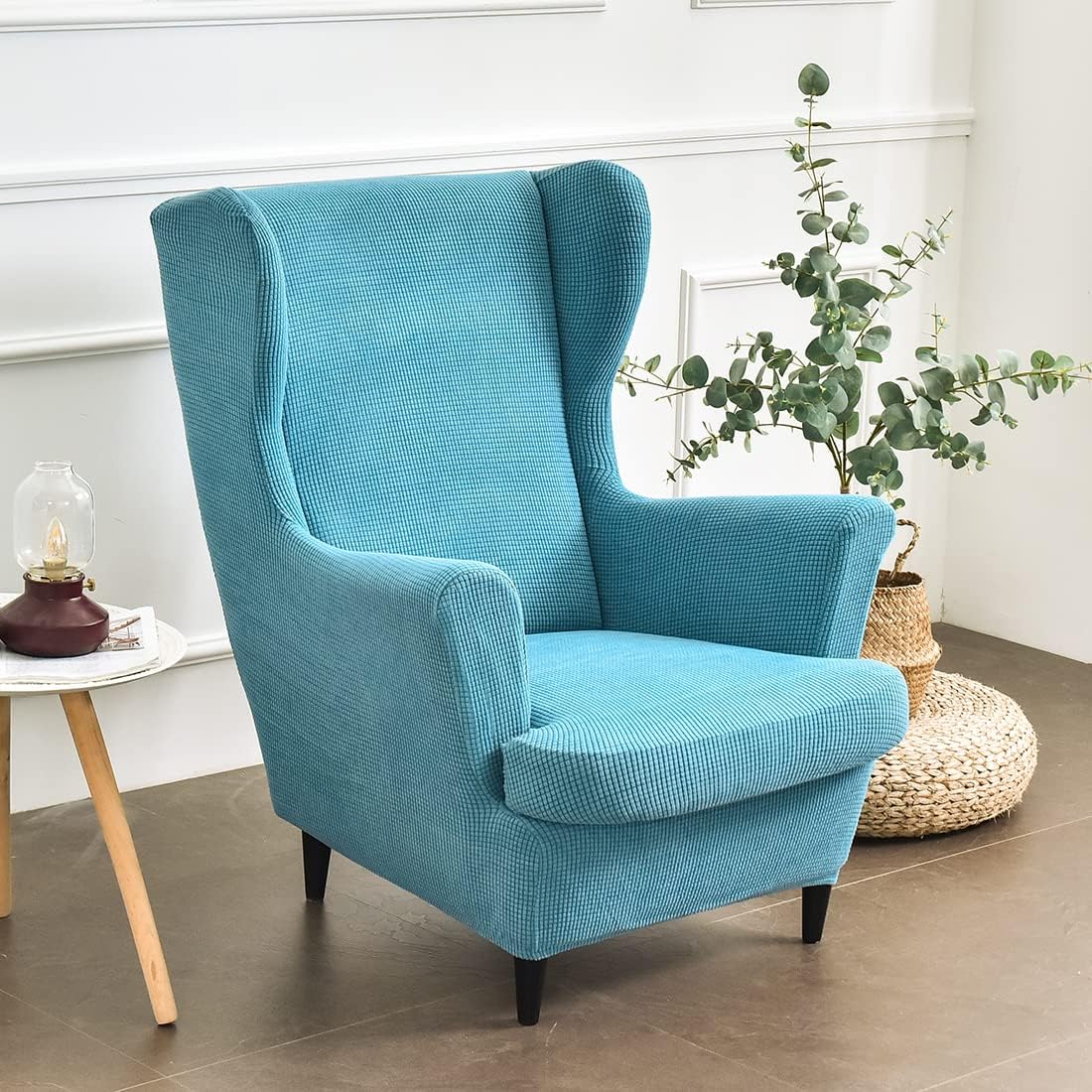 YOPOIY 2 Piece Stretch Wing Chair Cover Polyester Small Checks Jacquard Fabric with Elastic Bottom Wing Chair Slipcover Non-Slip Furniture Cover -Light Blue-