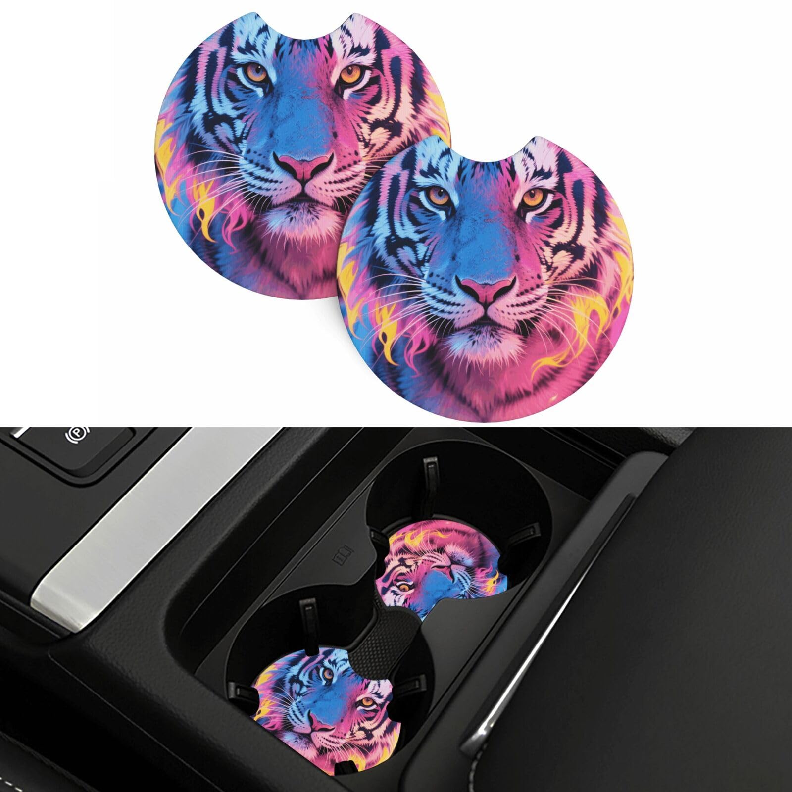 2 Pack Car Coasters,2.7" Universal Car Cup Holder Coasters Non-Slip Neoprene Cup Pad Mat Coaster Car Interior Accessories for Women Men Blue Pink and Yellow Fire Tiger