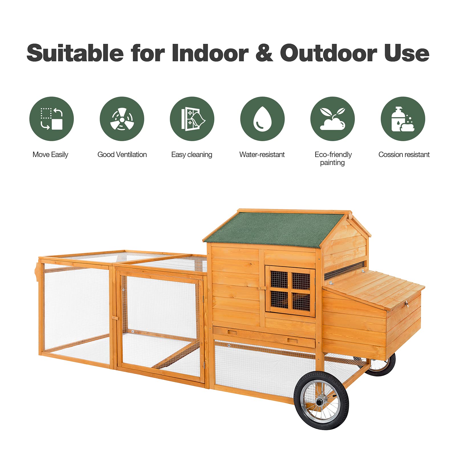 UMAX Large Chicken Coop 100" Outdoor Wooden Hen House with Wheel and