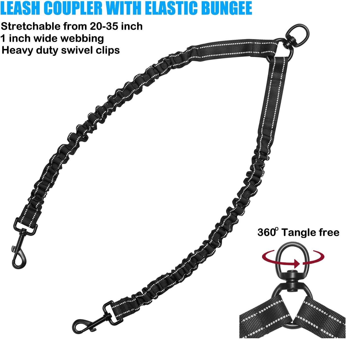 haapaw Two Dog Leash Coupler - 2 Dog Leash Tangle Free, Stretchable from 20 to 35 Inch – Comfortable Handle Dual Dog Leash for 2 Dogs with a Free Collapsible Dog Bowl (Black/Blue)