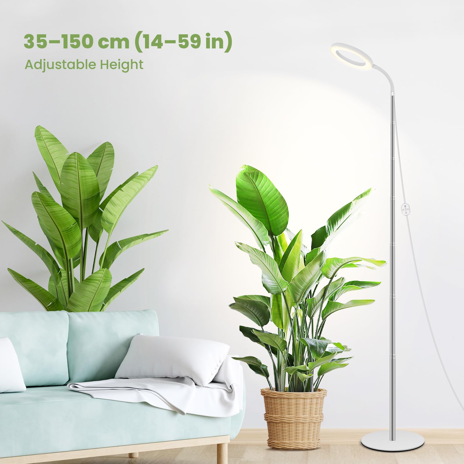 Luz de cultivo para plantas de interior 24V, LED LUMILEDS full spectrum 660nm, lámpara de 16 cm con temporizador y dimmer, altura ajustable 35–150 cm, base de 20 cm, 15W, 260 μmol/s/m²@15 cm