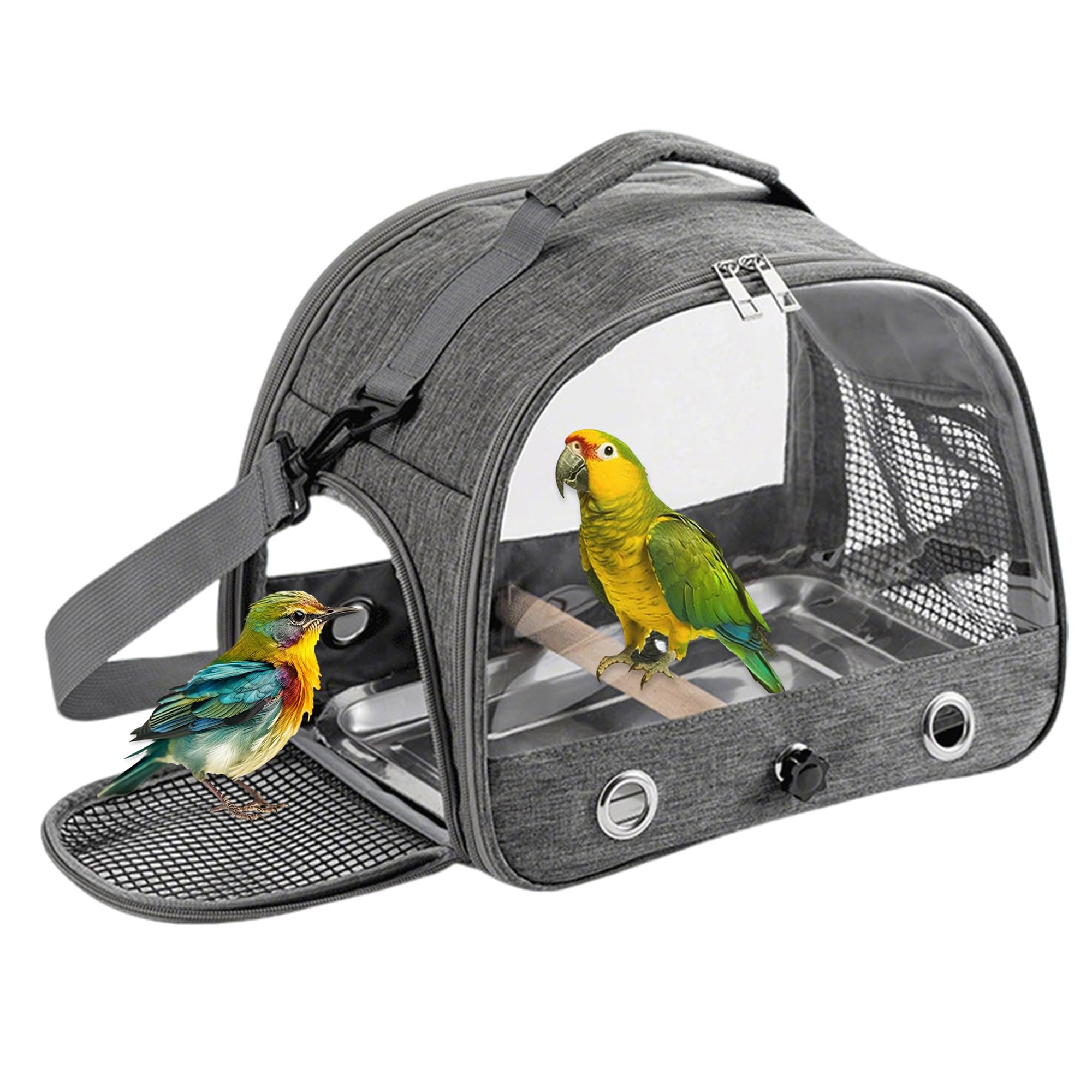 Transportín Aves, Caja Transporte Pájaros con Palo Madera & Bandeja para Periquitos/Loros/Animales Pequeños, Gris