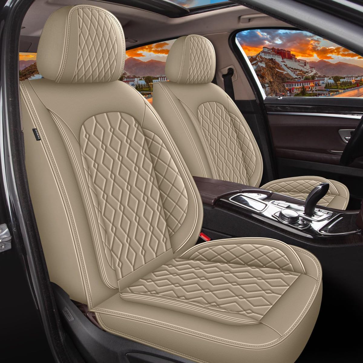 2 Front Car Seat Covers Fit for Chevy/Chevrolet Traverse 2018-2024 2025 Waterproof Faux Leather Seat Cushion Protector (2 Seats, Beige) 071-Beige 2PCS Front