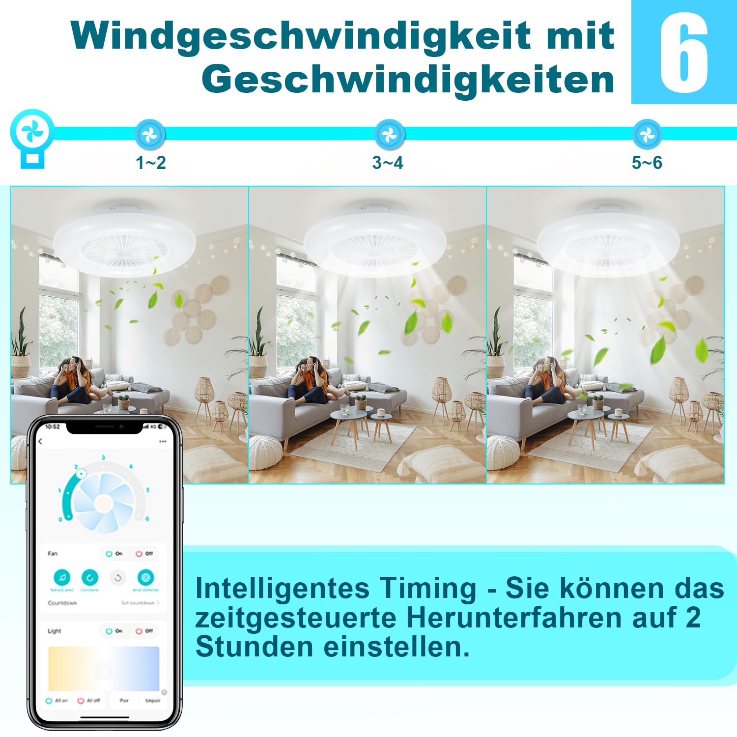 Sonnewelt Ventilatore da soffitto con illuminazione e app, illuminazione della ventola da 80 W, dimmerabile e variabile, versatilità regolazione dell'ora per soggiorno, camera da letto [classe