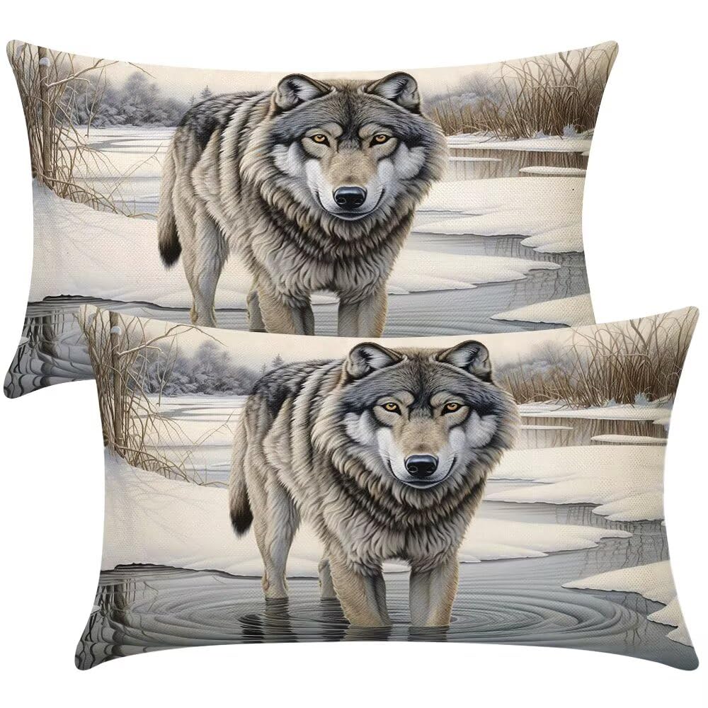 Animals Cushion Covers 30x50 cm Set of 2 Decorative Pillows Winter Wolf Throw Pillow Case Rectangle Cushion Cover Couch Cushions Covers for Living Room Bedroom with Invisible Zipper 12x20 Inch -SC372