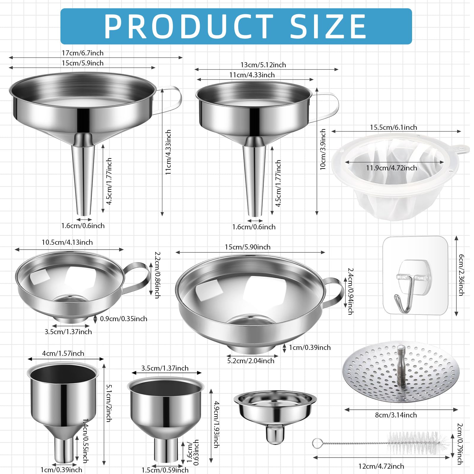 Baderke Juego de 17 embudos de acero inoxidable de boca ancha, embudos de metal con colador, embudos de cocina para rellenar tarros de masón, cepillos de filtro de malla y ganchos adhesivos, color