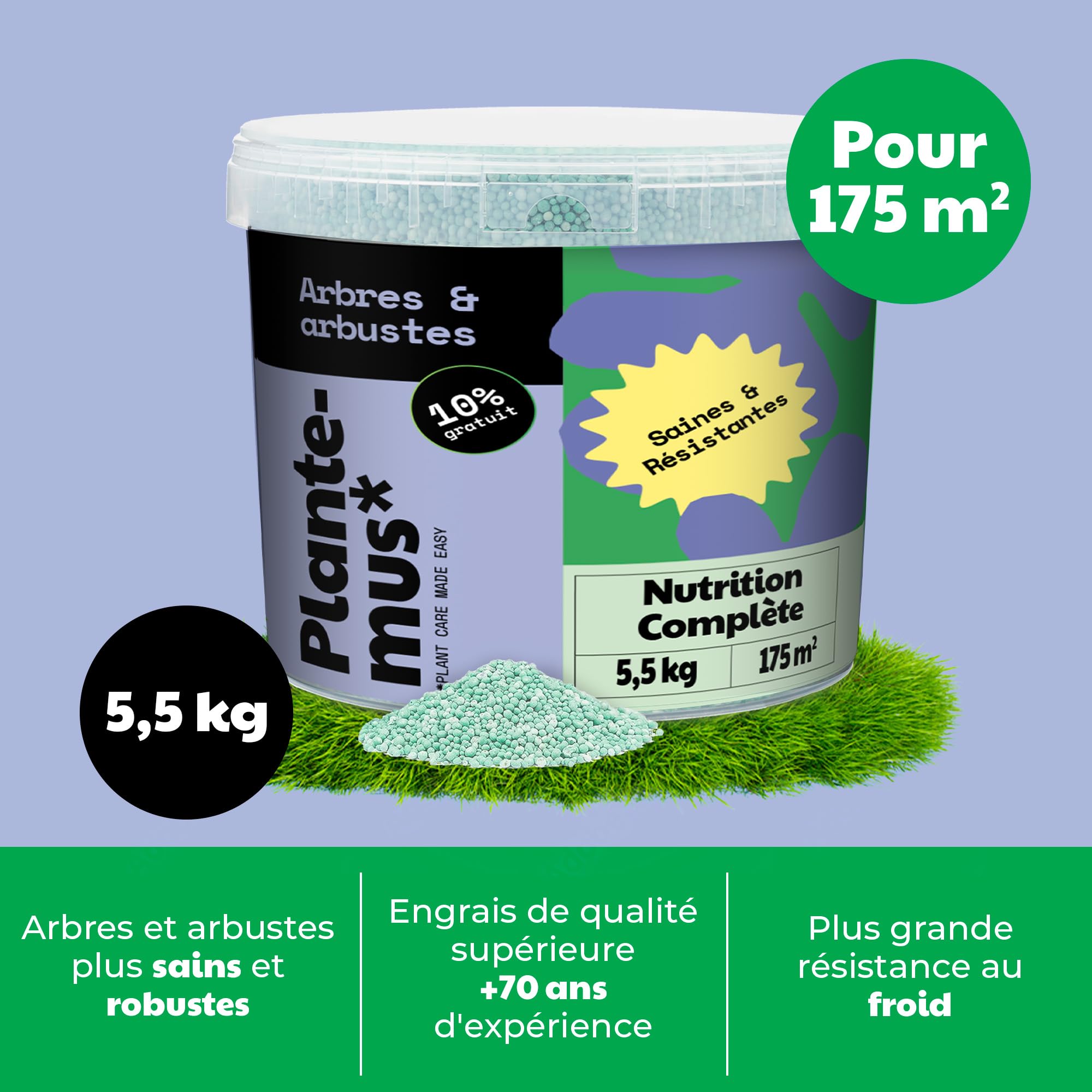 PLANTEMUS Engrais pour Arbres, Arbustes, Haies et Plantes d'Extérieur, Nutrition Complète pour la Végétation Extérieure, Granulé, 5,5 KG
