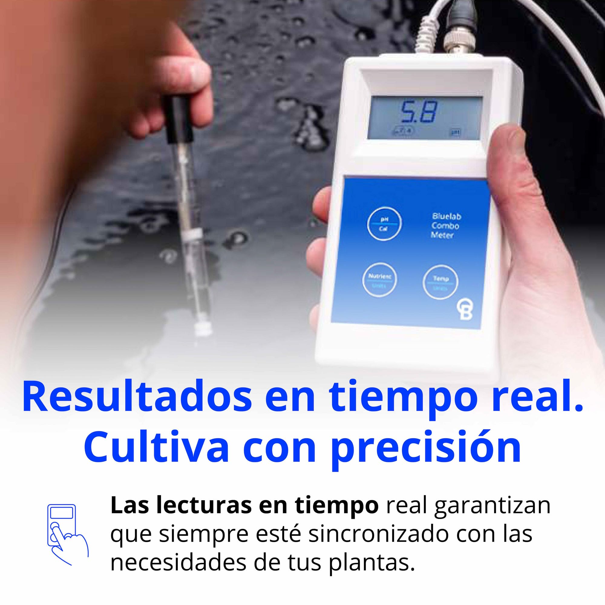 Medidor combinado METCOM de Bluelab - Medidor combinado de pH, temperatura y conductividad (CE) con sondas, de fácil calibración