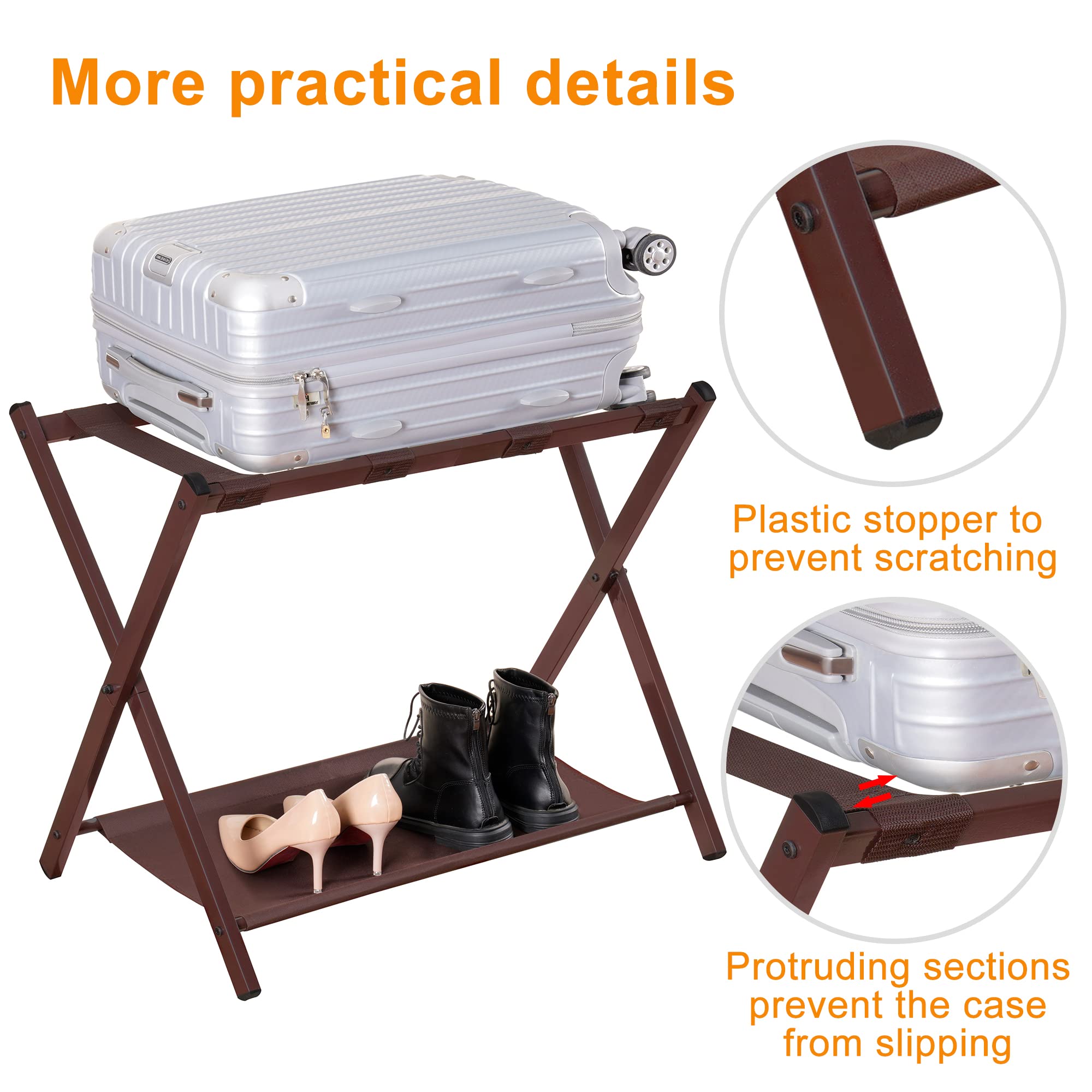 Heybly Luggage Rack,Pack of 2,Steel Folding Suitcase Stand with Storage Shelf for Guest Room Bedroom Hotel,Brown,HLR005Z2