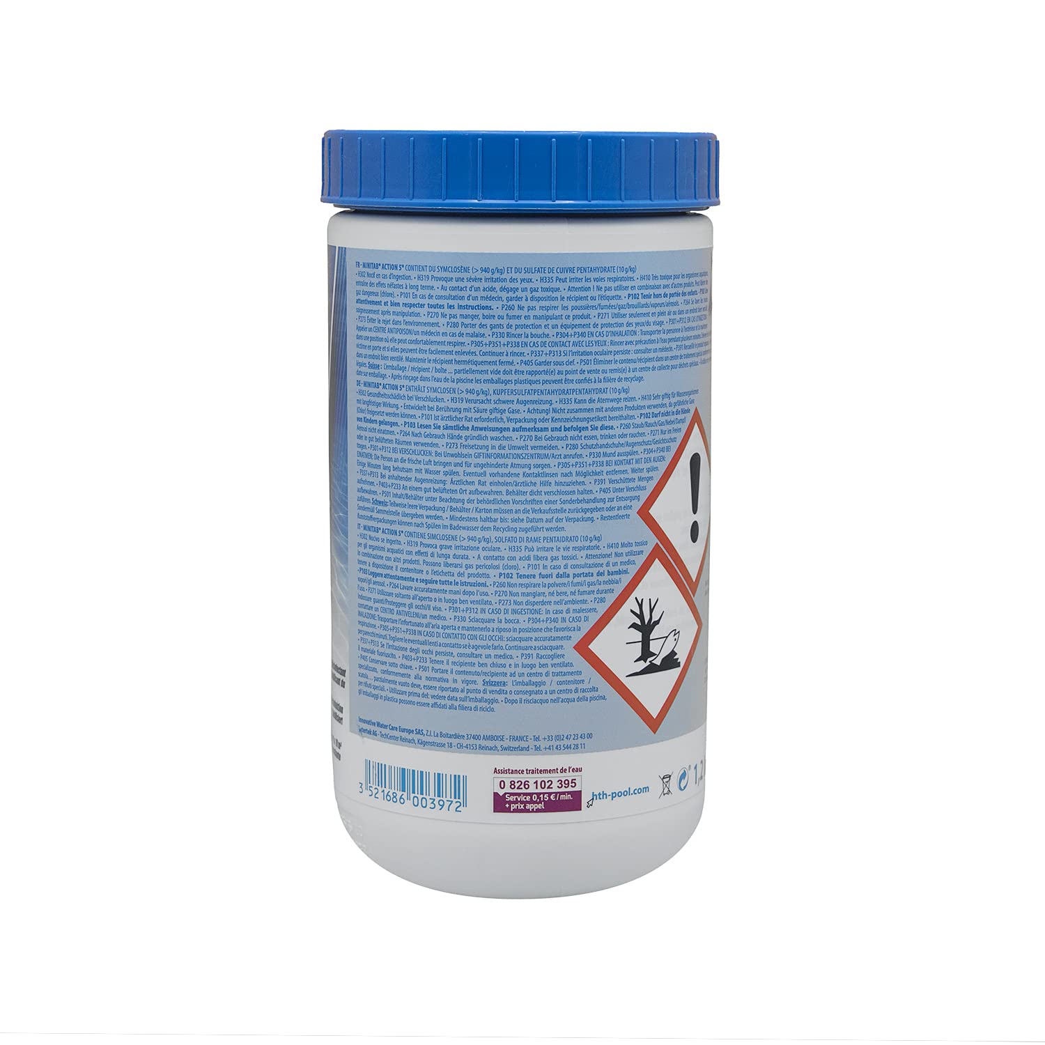 HTH MINITAB Action 5 Pastilles 20g - 1,2kg | Chlore Lent Stabilisé Multiaction - Désinfection Régulière Multifonction - Dissolution Lente + 10 Tests HPS OFFERTS 6 en 1