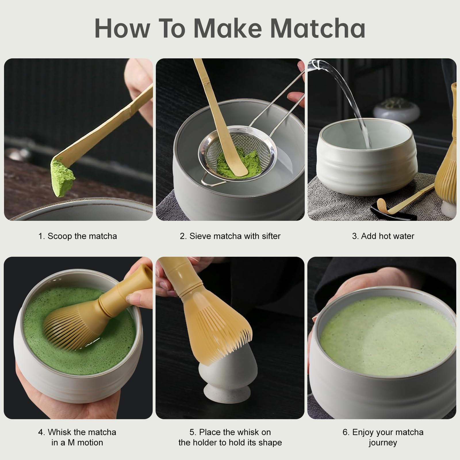 GUIGA Set di 7 matcha per cerimonie giapponesi, per matcha, in resina gialla, cucchiaio di bambù, porta scopa, set matcha per cerimonia del tè, bevanda (bianco opaco)