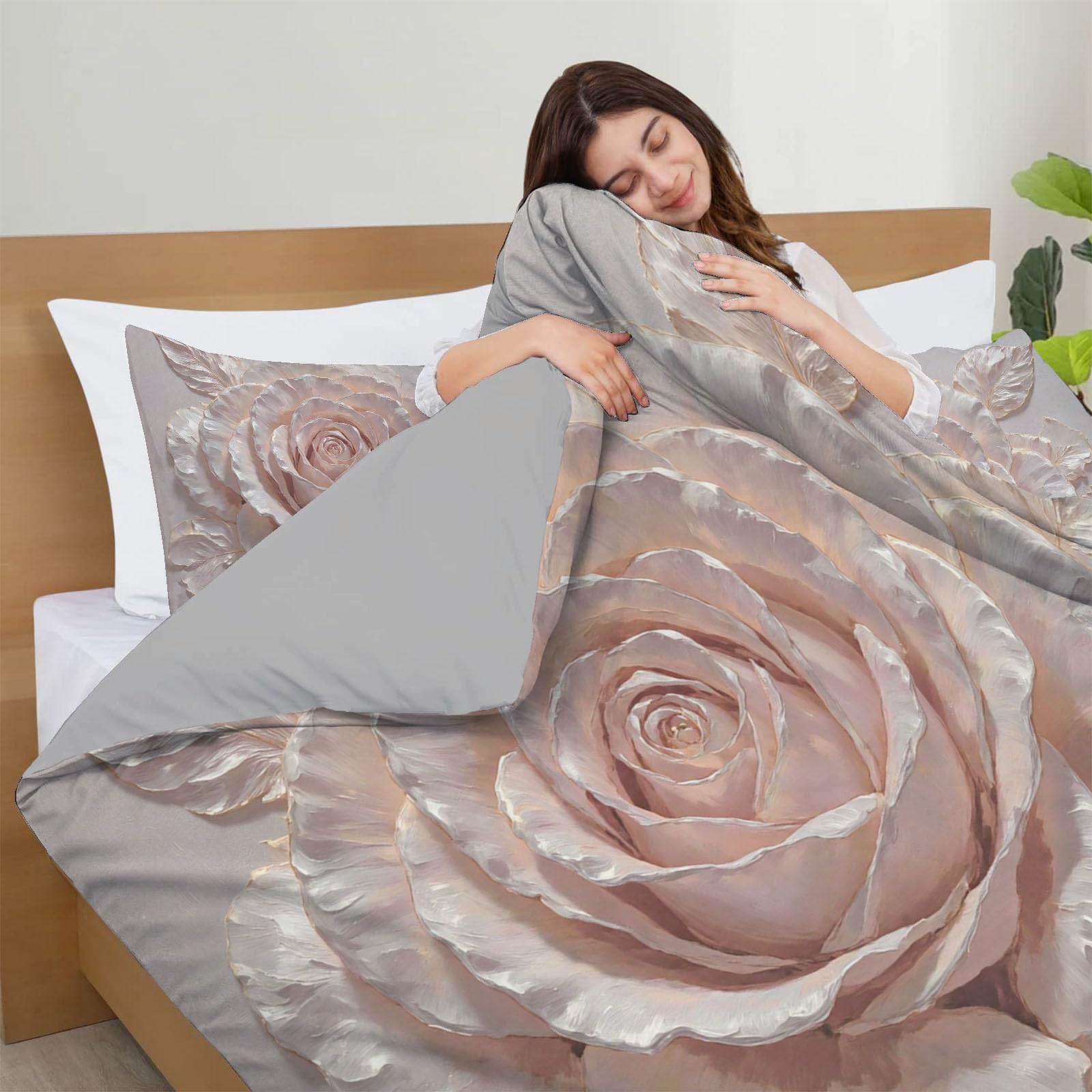 Copripiumino Matrimoniale Fiori Squisiti, Set di Biancheria da Letto Microfibra 3 Pezzi, Parure Copri Piumino 260x240CM e 2 Federa 50x75, Crema Copritrapunta con Cerniera