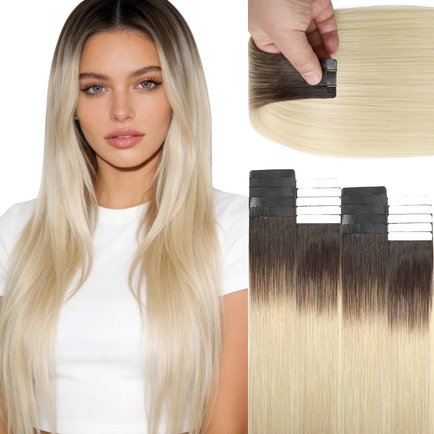 Lacer Tape in Hair Extensions Human Hair Dip Dyed Balayage R#2/60 Darker Brown to Platinum Blonde Seamless PU Skin Weft Hair Extensions Real Human