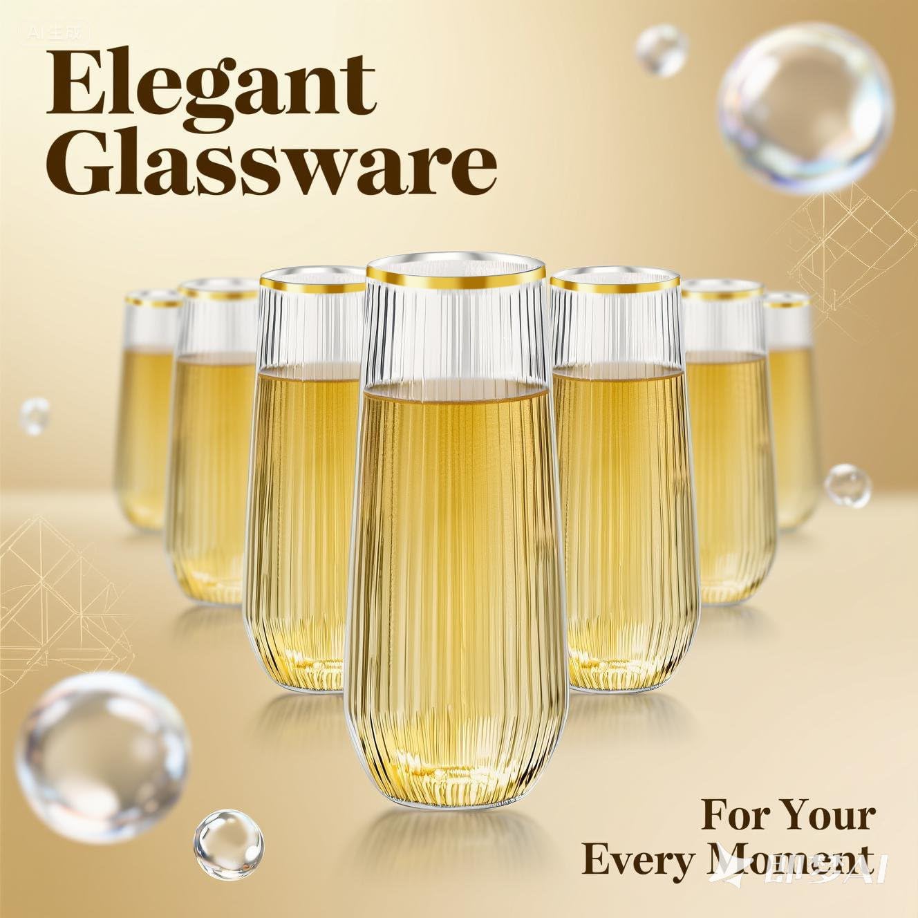 48 Pack Plastic Ribbed Champagne Flutes, 9 Oz Stemless Disposable Gold Rim Clear Plastic Toasting Glasses Shatterproof Recyclable and BPA-Free Perfect For Wedding - Image 7