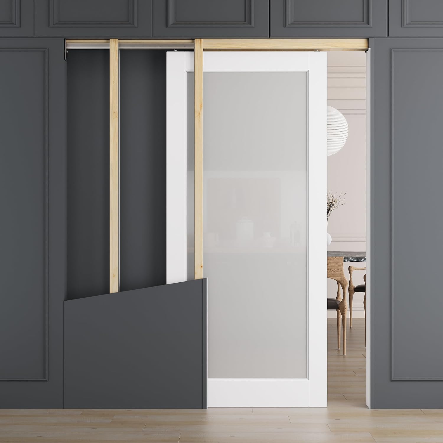 All-Inclusive Soft-Close Sliding Pocket Door 32" x 80" Frosted Glass Sliding Doors with Frame & Hardware Kit, Pocket Interior Doors for Home, White Primed