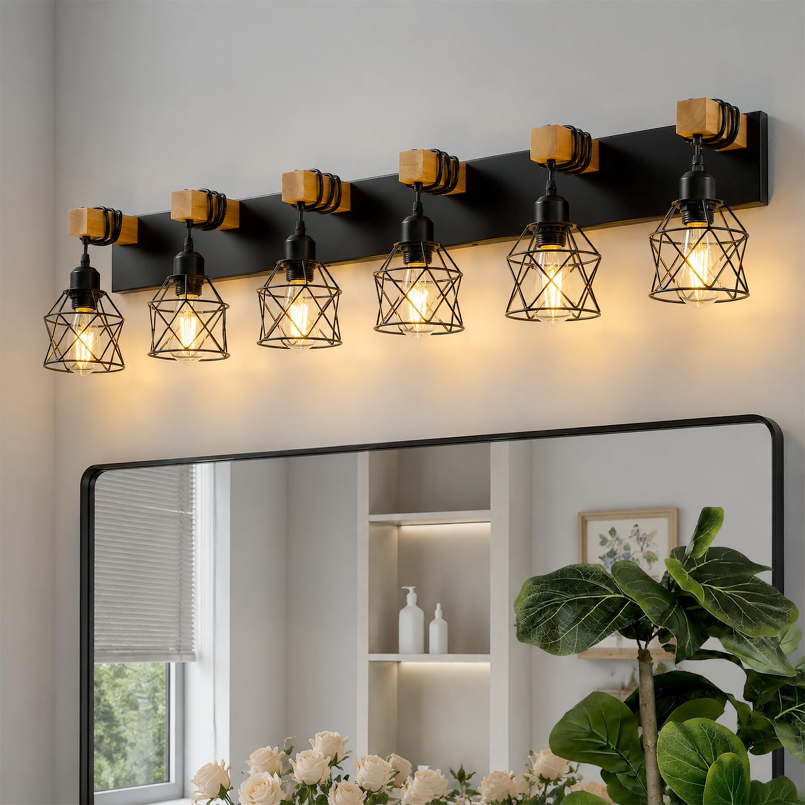 Farmhouse Bathroom Light Fixtures, 6-Light Vanity Lights for Bathroom, Black Wood Bathroom Lighting Over Mirror with Metal Shades, Bulbs Not Included