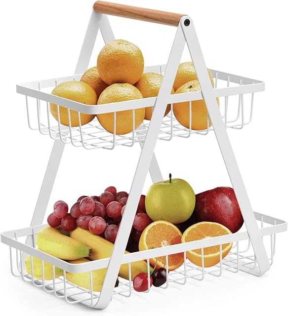 2-Tier Countertop Fruit Basket Fruit Bowl Bread Basket Vegetable Rack for for Fruit, Vegetables, Snacks, Home, Kitchen Storage, White