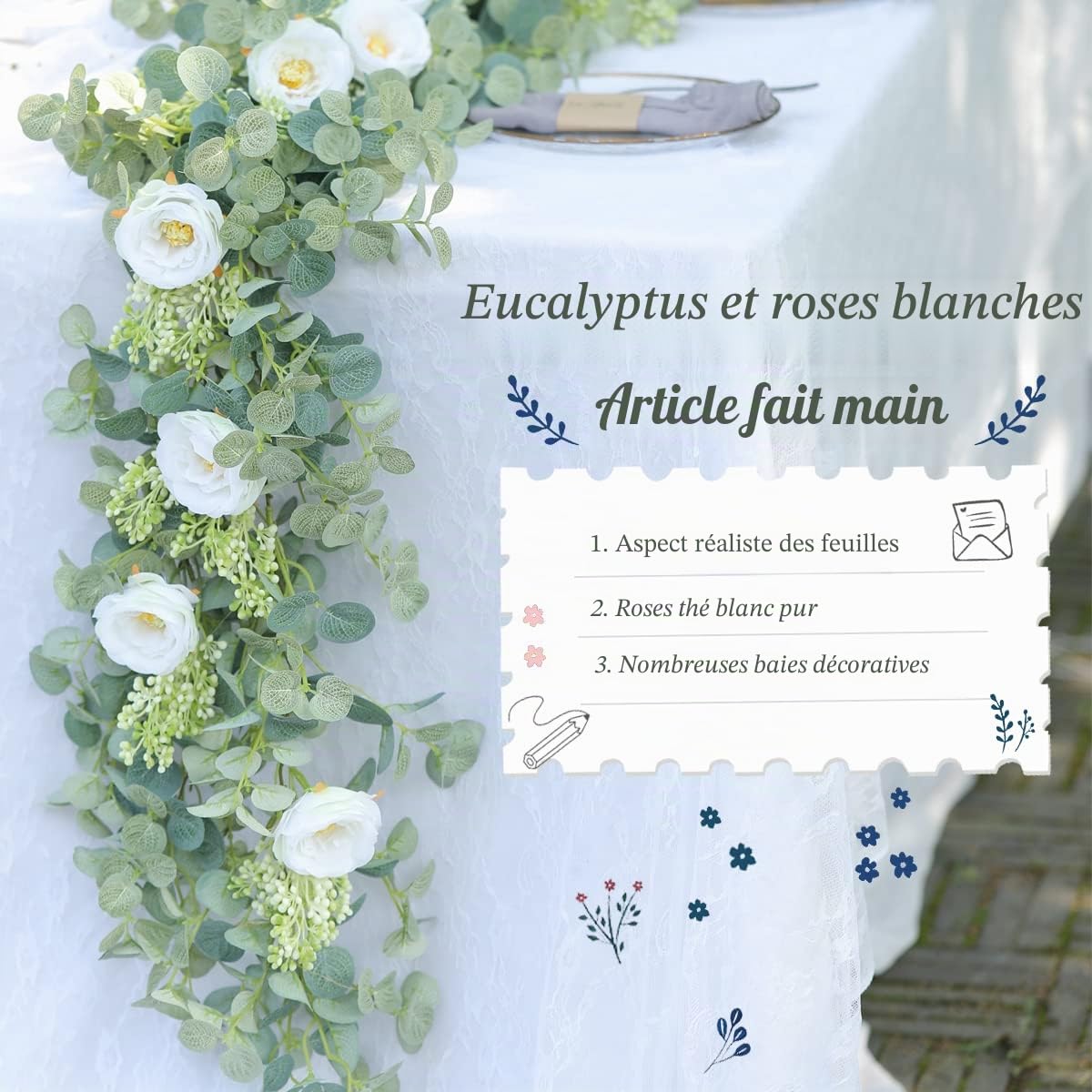 PARTY JOY Guirlande D'eucalyptus Artificiel Aux 8 Roses Blanc, 6.56Ft Plante Artificielle Couronne D'eucalyptus, Guirlande Fleurs Artificielles, pour Mariage, Jardin, Décoration Murale