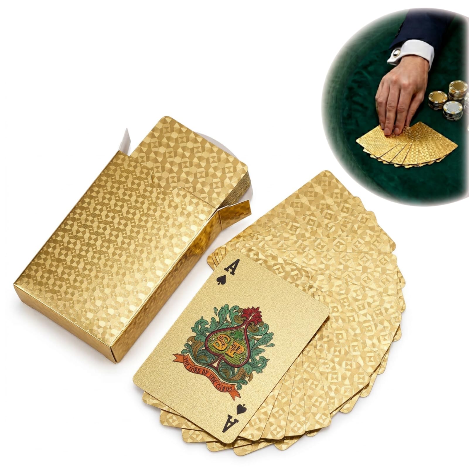 SouStar Premium Gold Waterproof Playing Cards - Durable Plastic Deck of Cards for Adults - Washable Standard Index Poker Cards for Casino Theme Parties, Camping and Family Game Nights