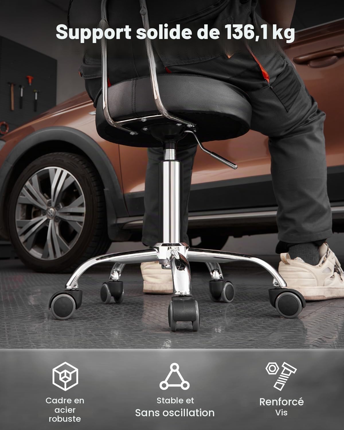 VEVOR Tabouret d'Atelier avec Dossier, Tabouret de Mécanicien sur roulettes Réglable, Capacité de Charge Maximale de 136 kg, Siège Pivotant à 360°, pour Entretien Réparation Automobile Garage, Noir