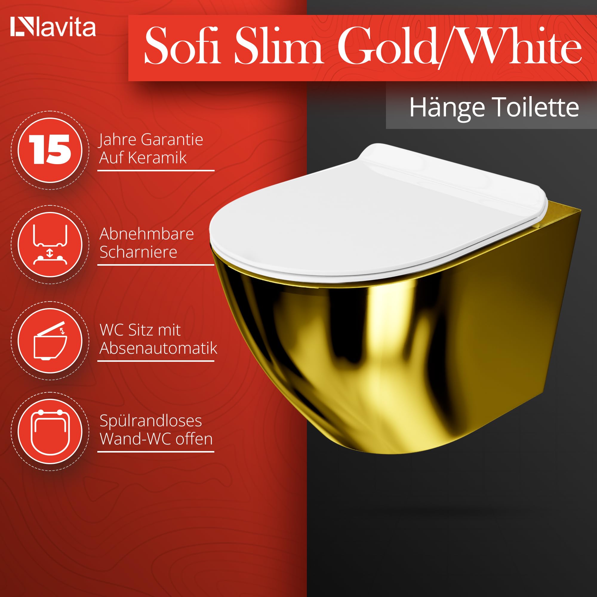 Lavita LAV 101 WC-wandelement 40 cm wandspoelbak SOFI SLIM CHECKED GOLD randloos gouden bedieningspaneel LAV 200.4.5 | Complete set | Inbouwspoelbak