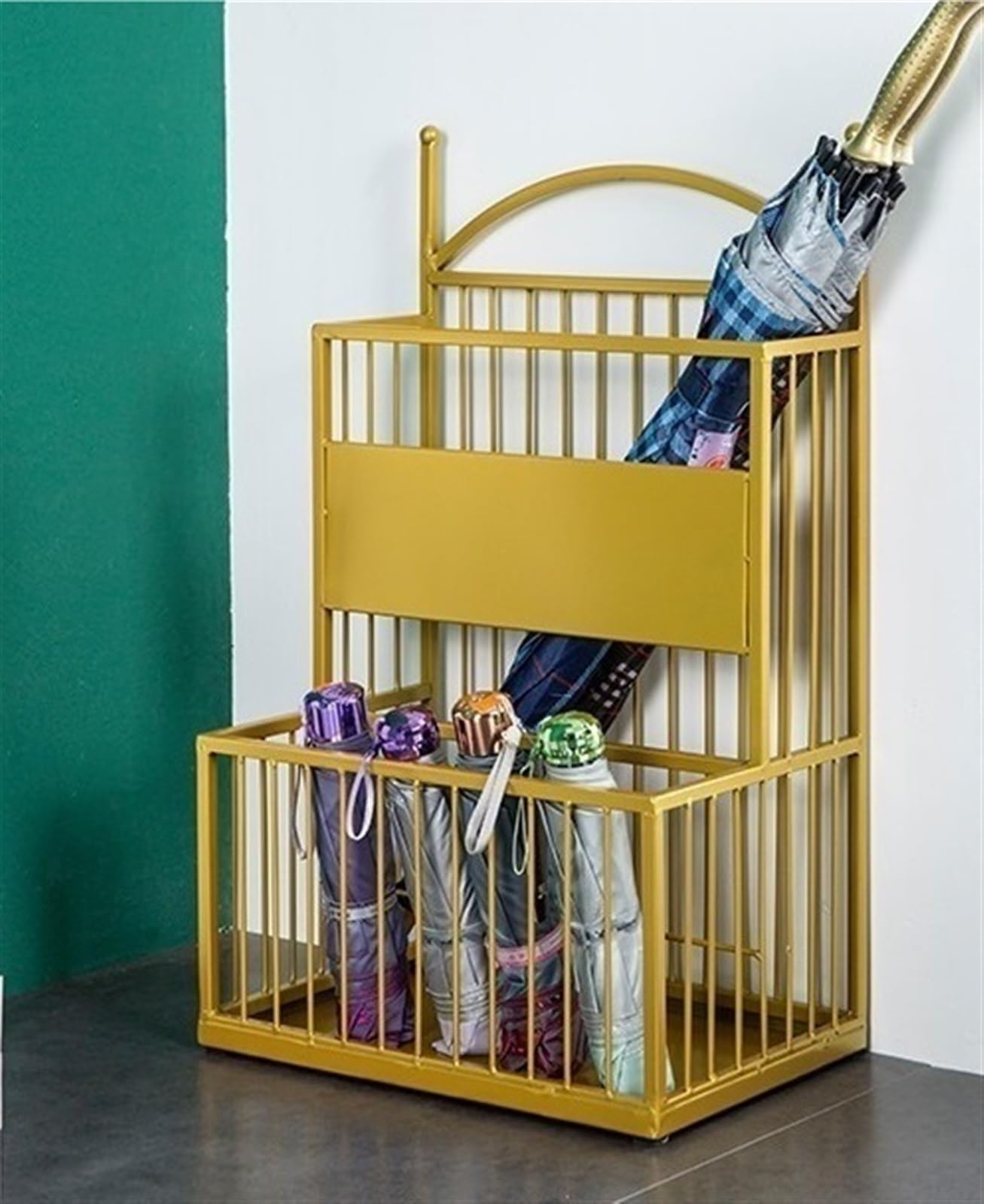 BHFPFZA Metal Umb Stand with Drip Tray Large Capacity DoubleLayer Support for Entryway Hallway Front Door Elegant Gold Design Sturdy Build