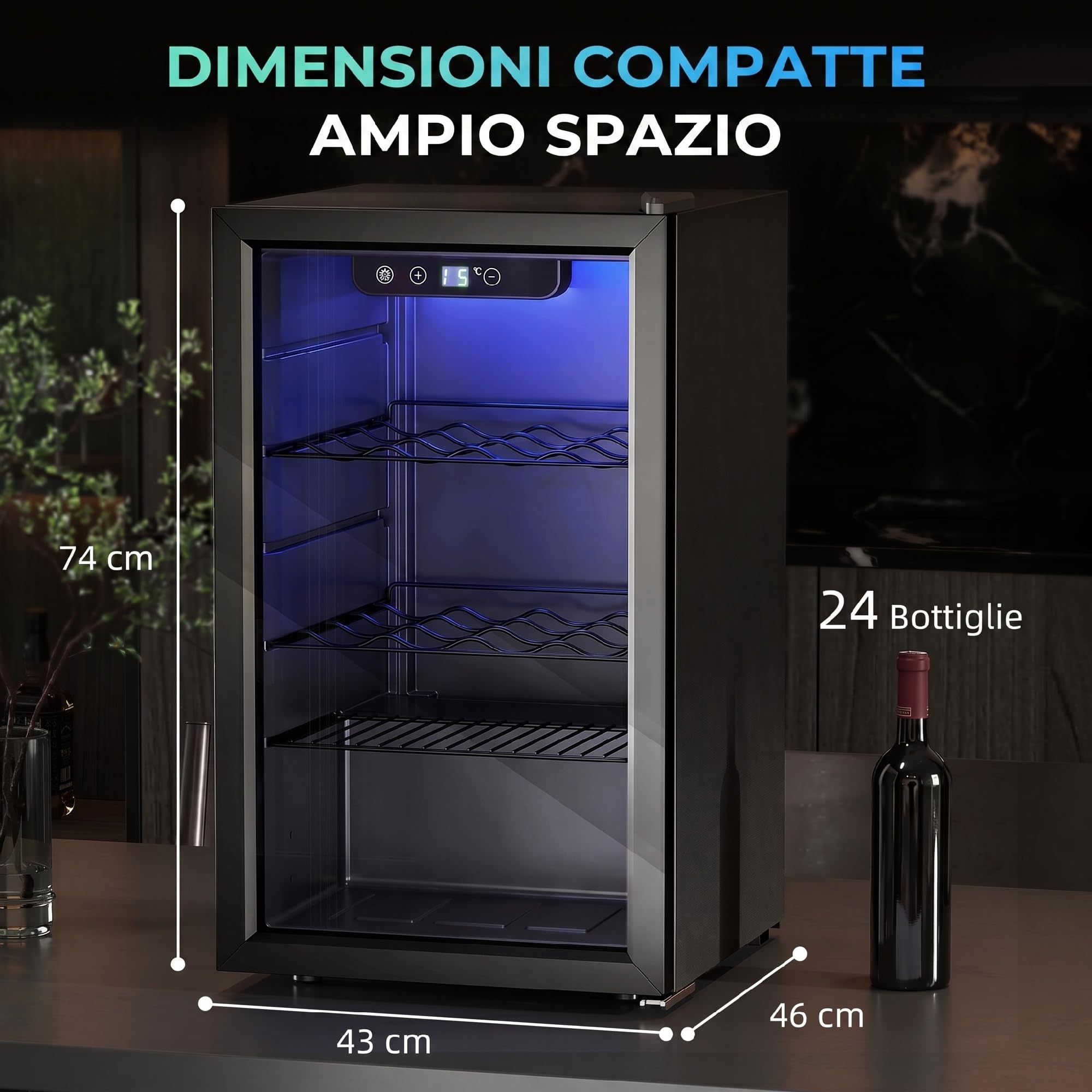 HOMCOM Cantinetta Vino Refrigerata 24 Bottiglie 68L Cantina Vino Silenziosa Temperatura Regolabile 4-16℃ Frigo Vino Bar con Vetro Anti UV, Ripiani, Compressore, Display Touch, Luci LED, Classe F, Nera